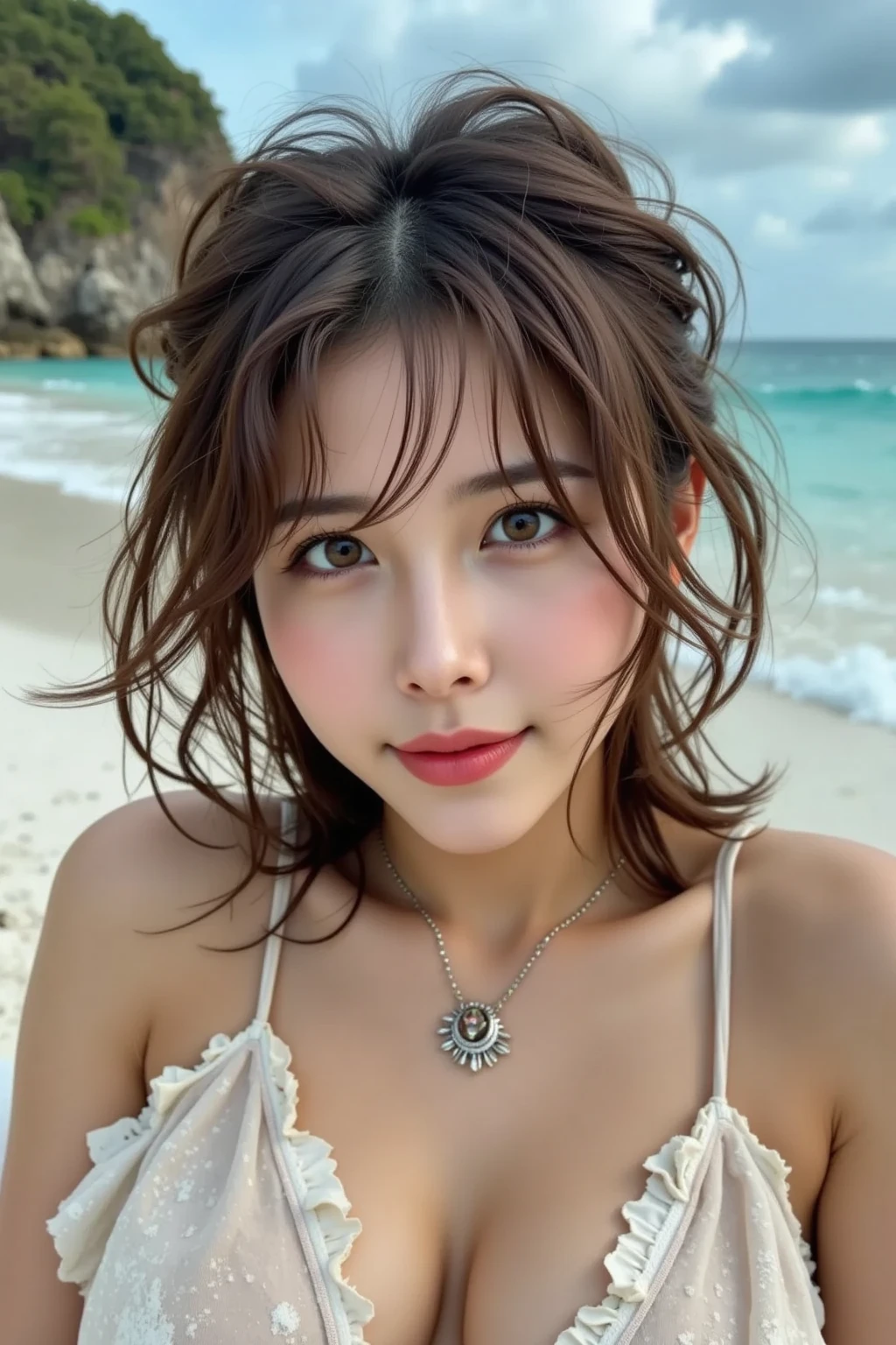 (Masterpiece, BestQuality:1.3), (ultra detailed:1.2), (hyperrealistic:1.3), (RAW photo:1.2),High detail RAW color photo, professional photograph, (Photorealistic:1.4), (realistic:1.4), ,professional lighting, (japanese), beautiful face, (realistic face), cute woman, (Brown Hair, Big Tits:1.5), (cheerful Smile:1.35), Trending Hair&Trending Hairカラーをランダムに, earrings, necklace, bracelet, sexly, erotic sexly, Random sexy gravure poses, (Sexy woman in white bikini。Smiling on a tropical beach、Lying on the edge of the waves。:1.3)