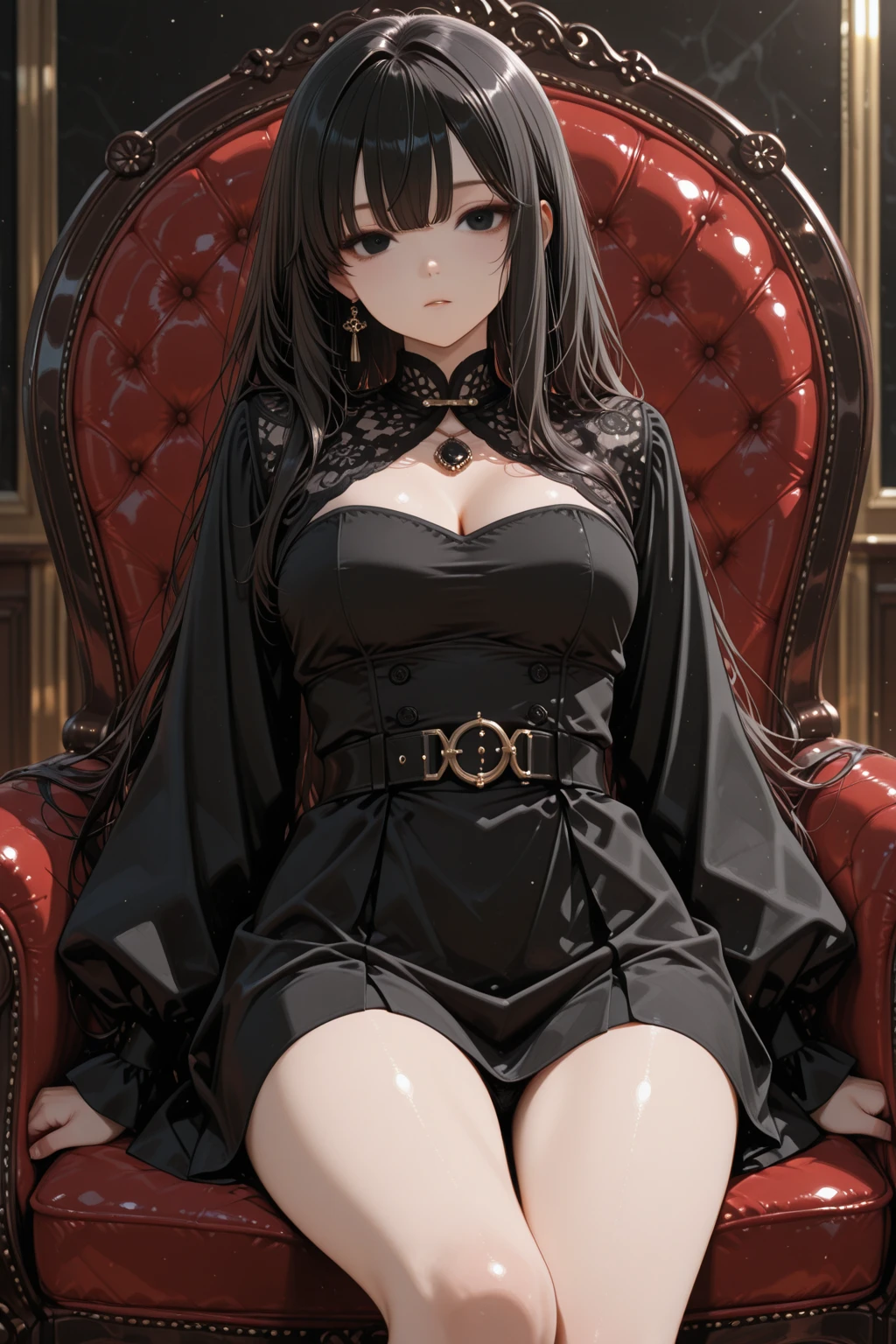 CG 8K ultrarrealista,obra maestra,((Fondos ultra detallados,patrones delicados,Detalles complicados)),La mejor calidad en el mejor de los casos, digital art manhwa style minimalist oil painting a woman sitting in an armchair in a mansion Tender smile . (short straight black hair, scarlet eyes,long eyelashes and rosy cheeks, black dress close to the body, slim body round hips, big breasts,la cara beautiful,postura cautivadora,)