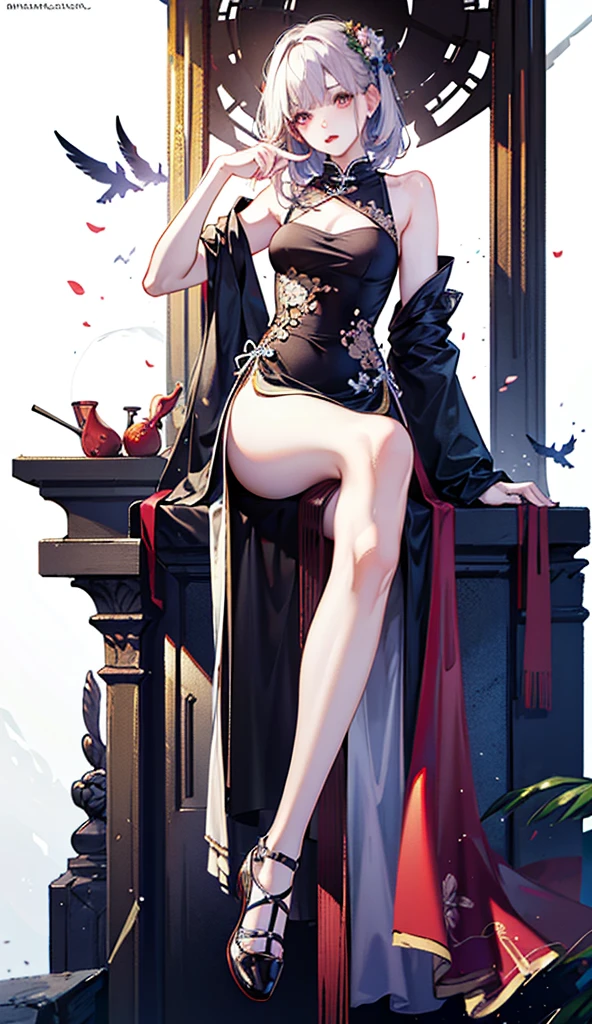 sexy style, 1 woman, mature, tall, dark red hair, long hair, straight hair with curled pontas, dark vermelhos eyes, wearing long saia dress, dark vermelho dress, dress split on the sides, showing legs, sexy legs, hat Witch on the head, red hat, mystical forest scene, good body anatomy, perfect lighting, illustration style.
