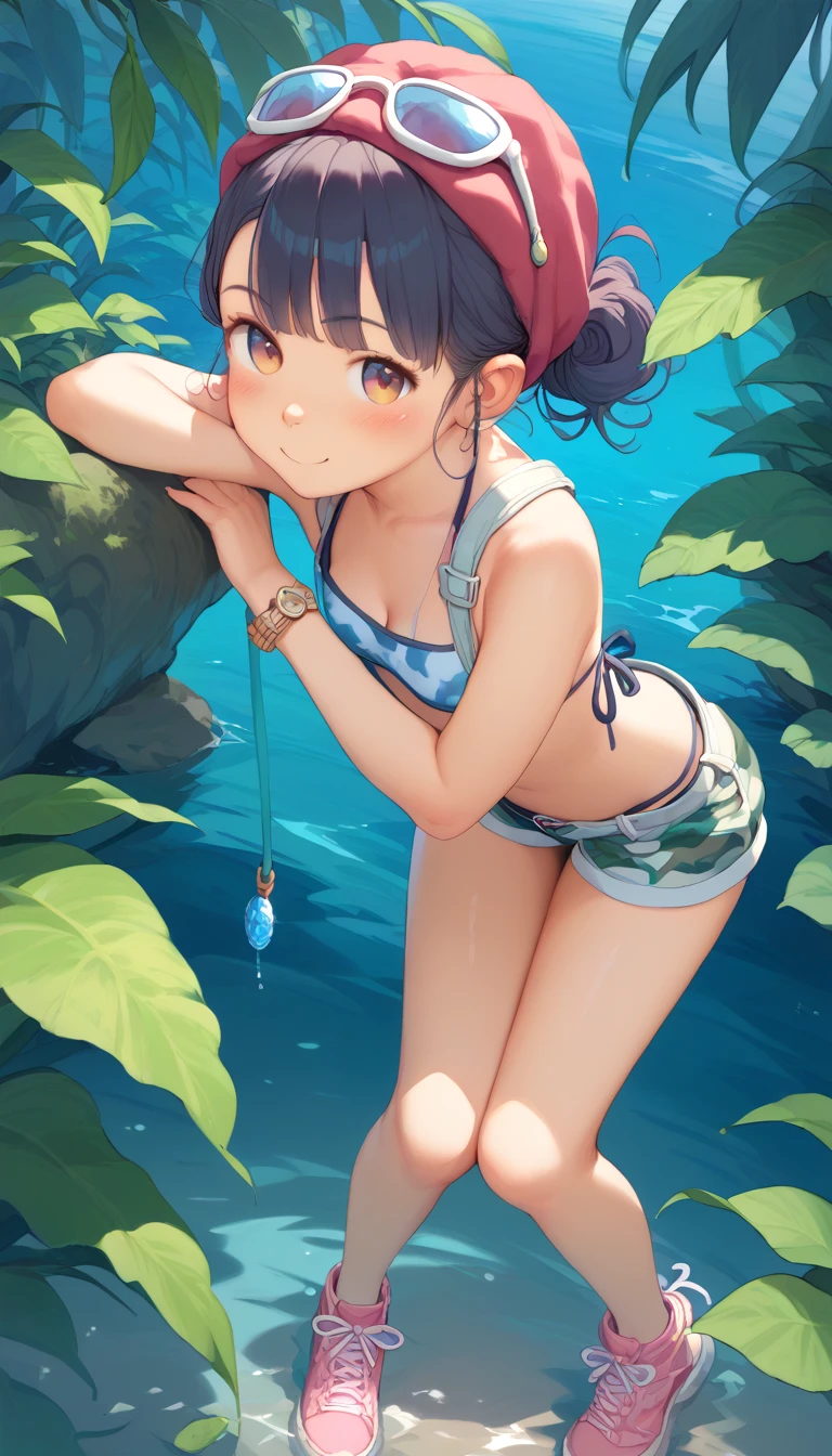 superflat, flat colors, 1girl, 19yo, slim, (medium breast), short bob dark hair, shy, vibrant colors, psychedelic, vibrant, bright, watercolor, (topless:1.3), ((wearing skimpy mini skirt:1.5)), (very small sexy t-shirt top:1.5), ((Undressing woman lying down on her back on the grass:1.4)), ((POV pose:1.3))