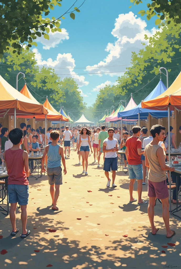 Temporary urban markets (pop-up markets ), I want people walking and some animals like a cat looking a little far away
