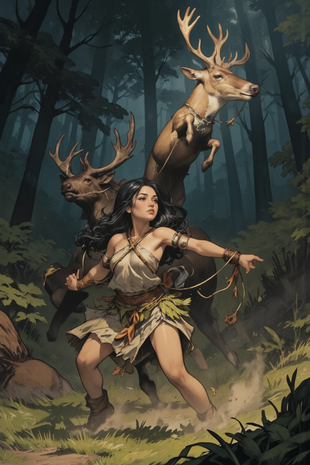 mulher com seios fartos, cabelo longo ondulado castanho escuro, na floresta com lobos