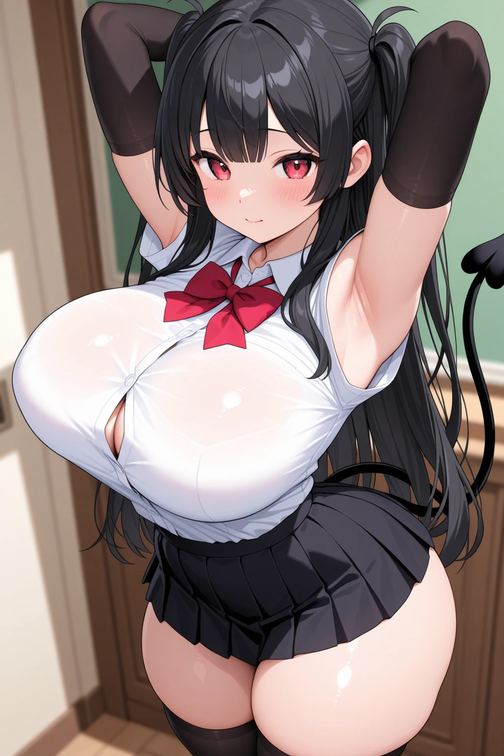 (NSFW:1.0),(8K, RAW photo, highest quality, masterpiece: 1.2),18 year old Japanese woman with perfect body,teethを見せて笑ってください,long black hair,dull bangs, teethを見せるsmile,uniform,red jacket,black pantyhose,white shirt,black ribbon,pleated skirt,long sleeve,shining eyes,blush,((huge breasts:1.5)),(deep cleavage:1.3),(cum on chest:1.7),(white lace lingerie:1.1),1 boy,penis,paizuri,throw,Bedroom,on the bed,breasts squeeze together,penis between the breasts,cleavage,visible penis shaft,pubic hair,wet penis,teeth,smile,smug, Improve