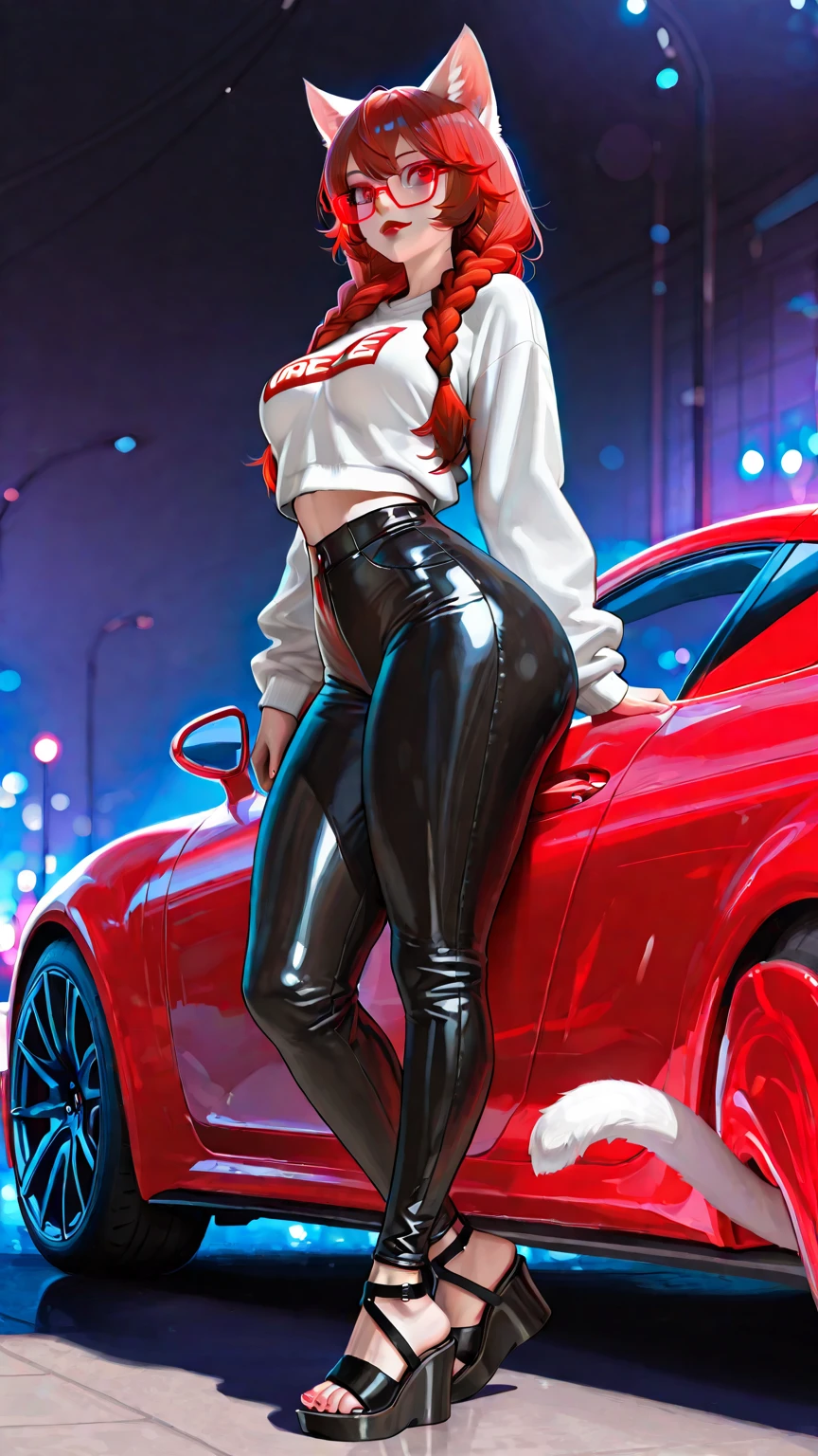 Create an image of a sexy woman in red lingerie posing on the hood of a red BMW. The setting should be stylish and modern, with the car parked in an upscale, urban environment, perhaps at night with city lights in the background. The woman should exude confidence and allure, with her pose accentuating the sleek lines of both her lingerie and the car. The overall image should be bold and captivating, highlighting the contrast between the sensuality of the woman and the elegance of the car
