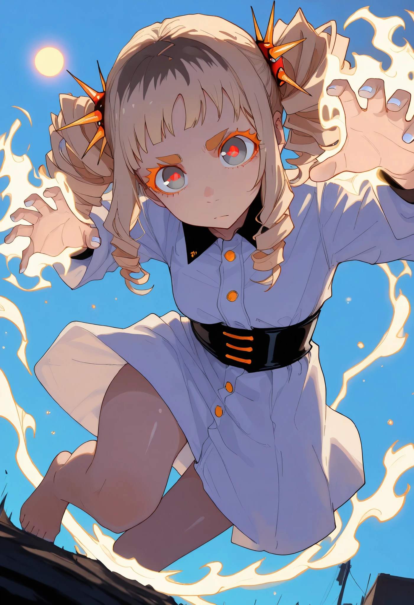 masterpiece, best quality, amazing quality, 1girl, full body, small , solo,18 yo, teen, (thick eyebrows, white nails), light skin tone, cinematic angle, from below , fit body, serious, closed mouth, looking at viewer, (, gray eyes, orange eyelashes, red pupils, tareme eyes),(medium hair, colored spiked hair ornament, beige hair, multicolored hair, yellow streaked hair, trimmed sidelocks, twin drills, short bangs), in the air, fly up, Floating, lunges down, fall down, pounce, kicking at viewer, solar power, light rails,white glow, white flames, Glowing hands, dynamic pose ,outdoors , sun, blue sky, day, bright atmosphere, soft focus, particles, white dress, collared dress, long sleeves, black corset, white thighhighs,barefoot, moonlight, dramatic lighting, dark, usnr, LDSCH, aesthetic, shiny, 4ur4_illu, forshortening, extreme angle, motion blur, wamiarts_illu, 