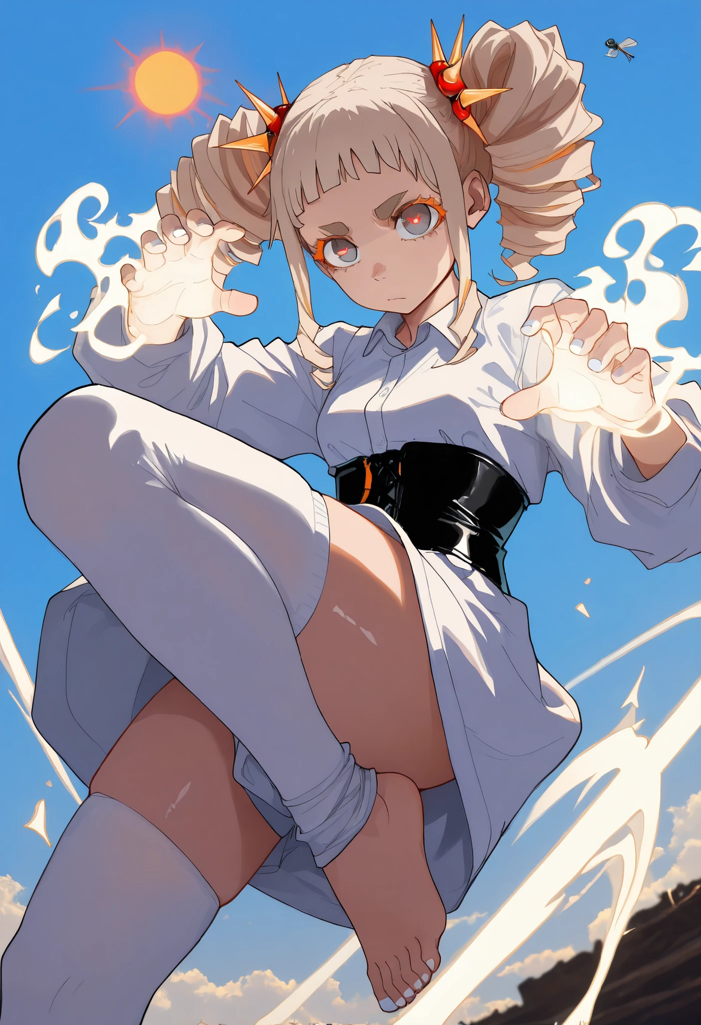 masterpiece, best quality, amazing quality, 1girl, full body, small , solo,18 yo, teen, (thick eyebrows, white nails), light skin tone, cinematic angle, from below , fit body, serious, closed mouth, looking at viewer, (, gray eyes, orange eyelashes, red pupils, tareme eyes),(medium hair, colored spiked hair ornament, beige hair, multicolored hair, yellow streaked hair, trimmed sidelocks, twin drills, short bangs), in the air, fly up, Floating, lunges down, fall down, pounce, kicking at viewer, solar power, light rails,white glow, white flames, Glowing hands, dynamic pose ,outdoors , sun, blue sky, day, bright atmosphere, soft focus, particles, white dress, collared dress, long sleeves, black corset, white thighhighs,barefoot, moonlight, dramatic lighting, dark, usnr, LDSCH, aesthetic, shiny, 4ur4_illu, forshortening, extreme angle, motion blur, wamiarts_illu, 