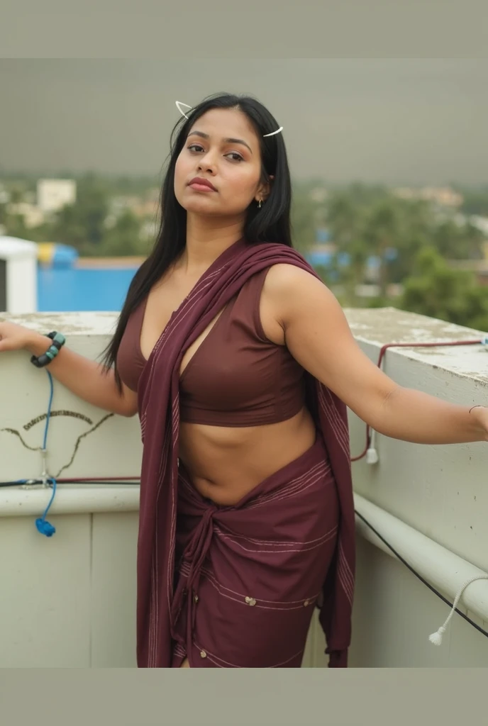 Anushka Shetty 28 years old beautiful different cute Indian face Indian girl, big bulky m-cup breast, curvy plus size body figure,3d Mosaic Pattern Embroidery t-shirt, different colorful 3d Mosaic Pattern Embroidery Banarasi Saree, different hairstyle, bright eyes, thin eyebrows, fair skin, blushing cheeks, head to thigh close up view, smiling face, ultra realistic skin texture, Straight front view standing Pose, beautiful different Kaal Bhairav Temple background, ultra realistic, close up head to thigh view, black hair, Provocative eye Contact, glossy lipstick, attractive eye contract face, big bulky breast