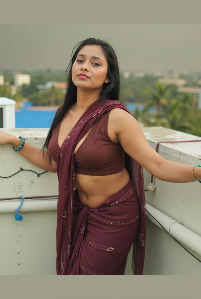 Anushka Shetty 28 years old beautiful different cute Indian face Indian girl, big bulky m-cup breast, curvy plus size body figure,3d Mosaic Pattern Embroidery t-shirt, different colorful 3d Mosaic Pattern Embroidery Banarasi Saree, different hairstyle, bright eyes, thin eyebrows, fair skin, blushing cheeks, head to thigh close up view, smiling face, ultra realistic skin texture, Straight front view standing Pose, beautiful different Kaal Bhairav Temple background, ultra realistic, close up head to thigh view, black hair, Provocative eye Contact, glossy lipstick, attractive eye contract face, big bulky breast