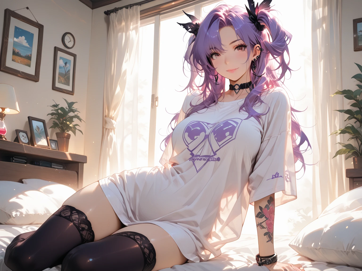 female anime character, female character, athletic body, beautiful hands, perfect body, purple hair, long hair, stuck hair, beautiful eyes, animated look, yellow eyes, cute background, perfectionism, bedroom background, detailed, casual clothing, wearing panties, black panties, beautiful clothes, crumpled shirt, shirt with print, beautiful character, sitting, eating ice cream, strawberry ice cream, glasses, glasses on shirt collar,  leaning on a table, cute background, athletic girl, beautiful girl, tall girl, focused image, cute face, perfect picture, sitting on bed, messy bed, smile, cute smile, lip smile, approximate image, blurred background, solo, 1 character, beautiful thighs, perfect thighs, just shirt and panties, no underwear, beautiful underwear, crammed shirt