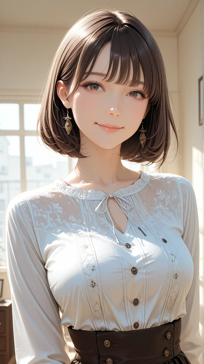 Light grey short sleeve dress、Put a cardigan over your shoulders、Tabletop、(White wall in the background)、In front of the white door、((highest quality、8k、masterpiece:1.3))、Ultra-high resolution、(photoGenuineistic:1.4)、RAW Photos、30 year old Japanese woman、Japanese,(face)、Genuine、Photographed in natural light、Highly detailed face and skin texture、Highly detailed lips、The correct state of the human body、Bob、Bobヘア、Bobカット、Fluffy hair、Brown Hair、short hair、Mr..々Pause、Natural color lip、Fluffy hair、long、anime