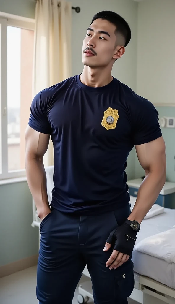 (ultra realistic)), high detail, photo shoot, handsome young korean man,((wearing security guard white uniform)),((pulling up shirt over:1.3)), ((showing chest:1.3)), muscular, (abs), (pectorals), (((full body))), high res, detailed realistic image, beautiful eyes, eyes open, handsome face, detailed face, (short hair:1.2), ((((crotch bulge))))