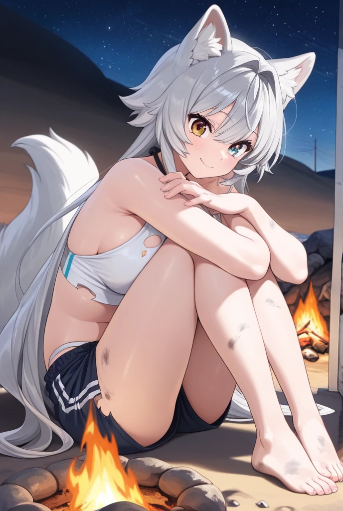 Best quality at best, tmasterpiece, 超高分辨率, beachside，bonfires，the night， Wear separates (Bandage bandeau:1.2),Fury，bit girl，smallunderboob，red fox，Fox race，half-orc，