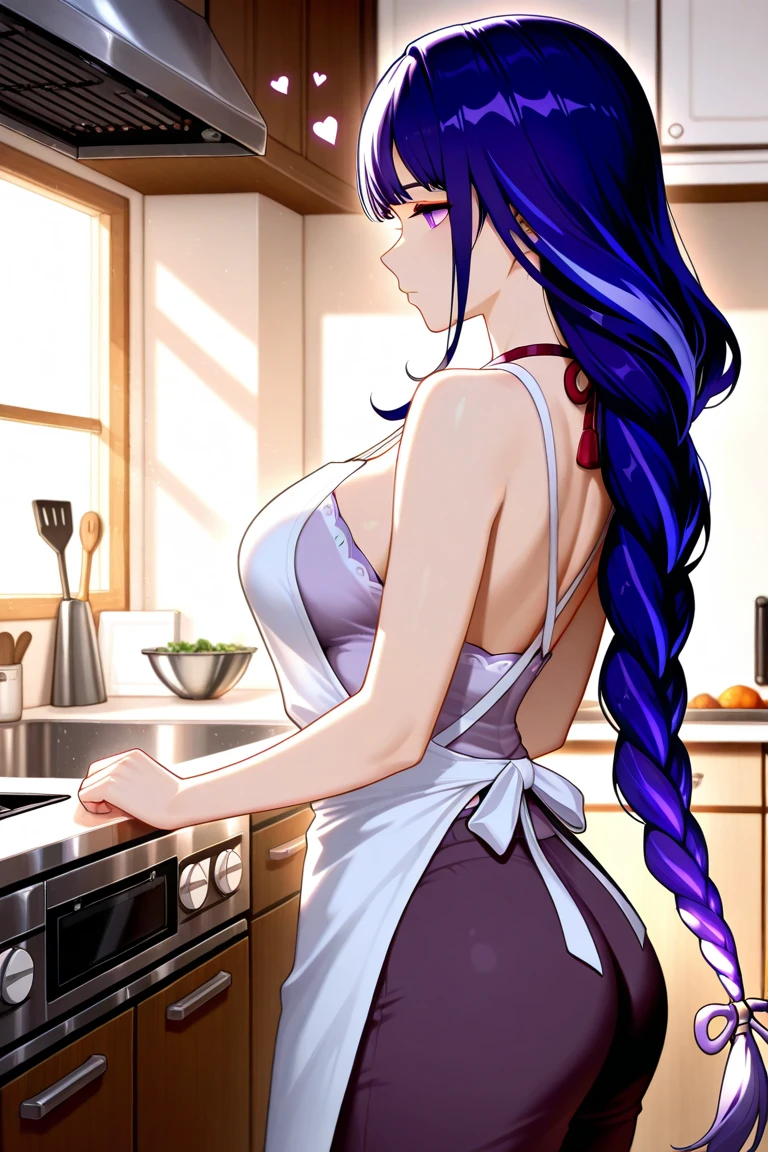 (Masterpiece), Best Quality, ultra-detailed, perfect hands, Delicate eye expression, 1girl (rinko_iori, Sexy, A voluptuous and sexy body, Big and pretty breasts, naked body, dark blue hair, long hair, blue eyes),open mouth,red lipstick, solo, nude, In the kitchen, standing, naked apron(torn), torn clothes, Seductive faces,   wicked smile, Sexy waist teasing, cowboy shots
