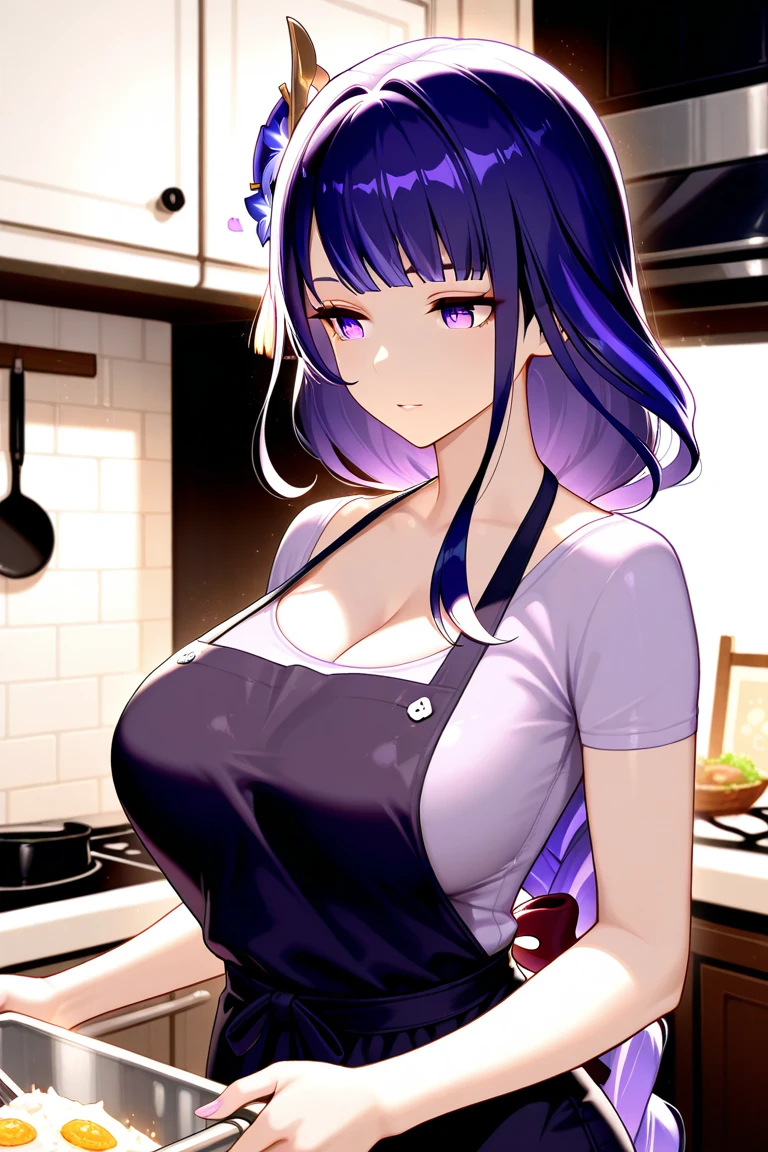 (high quality, 8k, 4K, high contrast, artwork:1.2, high quality, best aesthetics), ((1 woman)), erotic, sensual, mature body, super detailed, beautiful face detailed, beautiful eyes detailed, detailed beautiful mouth, sexy body, perfect breats, (long, wavy dark purple hair), (dark purple eyes), (black lipstick), (serious facial expression), (naked with a long white kitchen apron), (kitchen), (standing cooking in the kitchen)