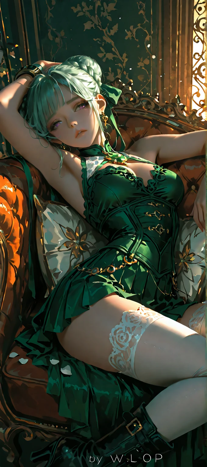 Highest quality,Highest Resolution,A beautiful blonde girl with a gorgeous smile,Full body close-up,looking at the camera,Large silver eyes,Green underwear,High leg,green garter belt,Green knee-high stockings,Purple Bedroom,Black bedding,ponytail,Purple curtains,