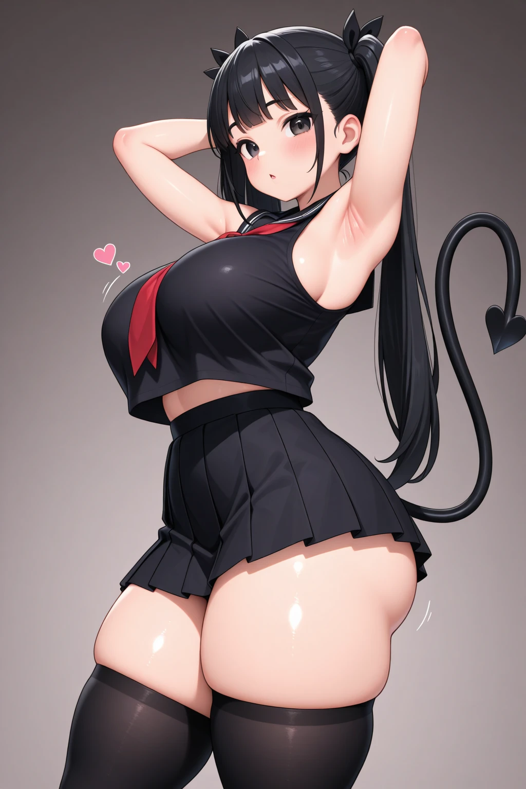 homura, black ponytail, green eyes, tan1:1, Alone, Upper part of the body, smiling, covered nipple,
HoUni,,black seraph,diaphragm,Skirt,pleated Skirt,loose socks,under the chest,short sleeves, crop top overhang ,shoes, hair band, black panties, not good, brown gauntlets,
The school areas, tomorrow,
(incredibly detailed, beautiful detailed face, masterpiece, Best Quality) cinematic lighting,