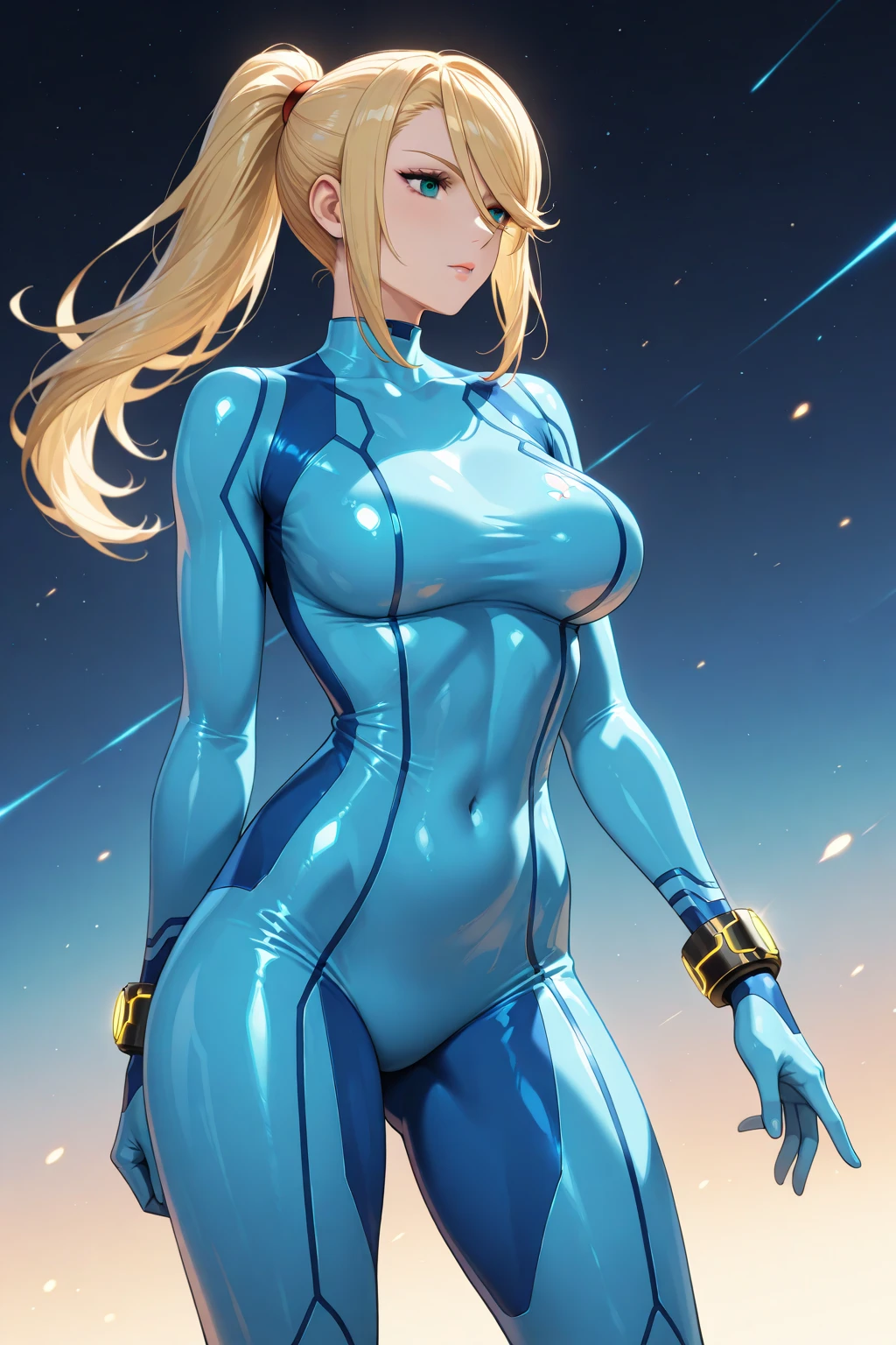 (anime,masterpiece, top quality, best quality,beautiful and aesthetic:1.2,professional illustrasion:1.1,ultra detail:1.3, official art, professional illustrasion, Ultra-detailed depiction, Ultra-precise depiction, extremely detailed 8k illustration, highres, ultra detailed painting, soft shadows), (girl), samus aran , cool beauty, glossy, (blond long hair), (ponytail), big breasts, perfect body, blue Samus Aran suit, thin transparent suit, cleavage, nipples, shaved vagina,