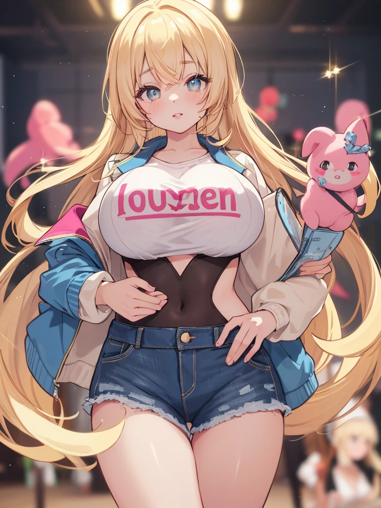 (best quality, ultra-detailed, photorealistic: 1.39), bright and vibrant colors, studio lighting, romantic expression, An effeminate girl, with a delicate and beautiful face. Beautiful and seductive adult elf with her big breasts seduces, with her wavy blonde hair with purple eyes and beautiful smile bunny cosplay, She holds a sign thanking 100 subscribers, in a pose in the living room, night, manga style, anime features manga style, fully body , she is in love, anime style