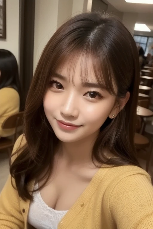 Realistic:1.2,masterpiece,Highest quality,98k,((One Woman)),20-year-old,Japanese women、Tight waist,Perfect Anatomy, Brown Hair, Wavy Hair,Random Hairstyles,Big beautiful breasts,((Fully detailed face and eyes:1.2))((Cute Face:1.2)),Random Pause,smile、Bus Guide、Cleavage、mini skirt、Blue Uniform、Full Body Shot,Natural Face、delicate、In detail