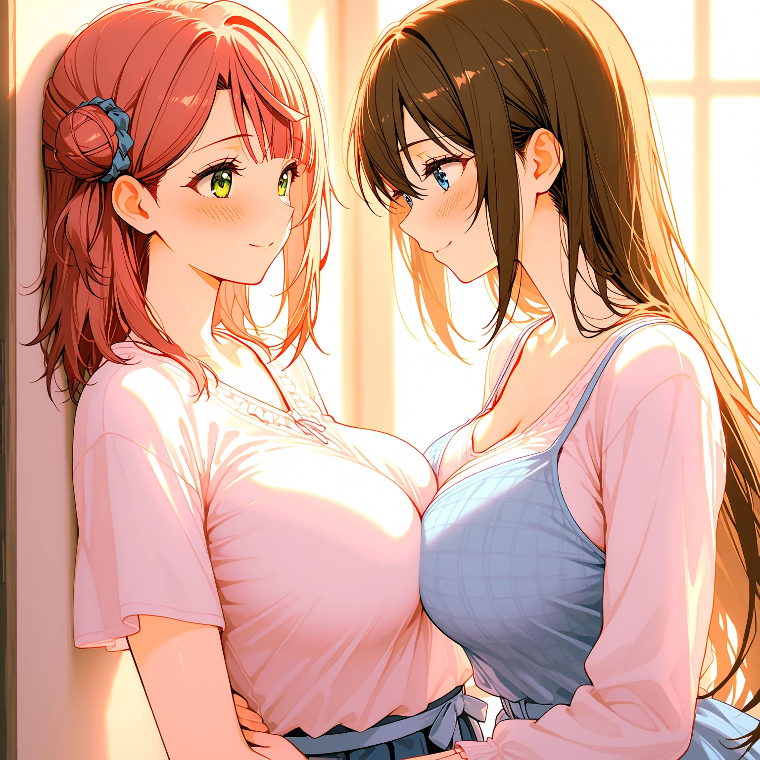 2heads, a tiny thin woman with 2 heads. She is in a bedroom at night. She is wearing a tank top and sweatpants. Huge lips, giant perky lips. She looks spunky. She looks happy, excited. She is seductive. She has long curly pink hair. She is blushing. She has freckles. Many freckles all over body. POV sex.