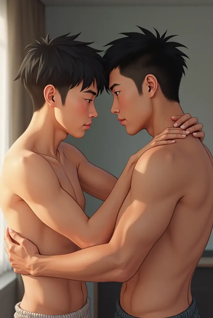 Asian Man ,Black Hair, naked, touching the intimate part of another Asian Man with white hair 