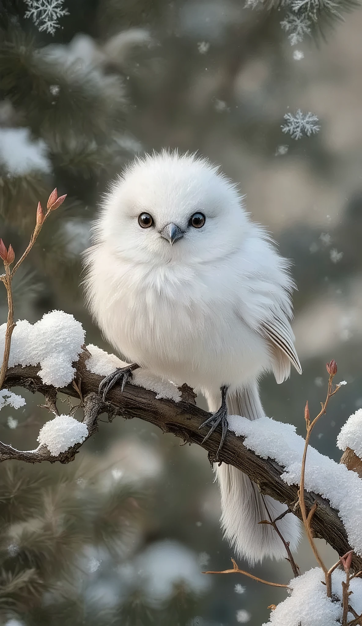 シマエナガ,Long-tailed Tit,(round body,all white fur and is fluffy:1.3),cute Round eyes
,nohuman,wide shot,falling snow,landscape background,trees,on branch,winter,snow,day,day light,dynamic pose,dynamic angle,natural lighting,vivid color,ito jakuchu,nihonga,sumi-e