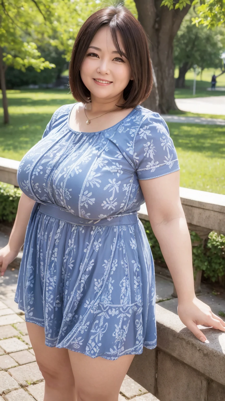 A beautiful and hot almost chubby mature woman.who is wearing a patterned short dress and is and standing in the park. A smiling face、sexy woman、A radiant smile、adorable、race、Frills、Colorful design、Full-length mirror、An inviting gaze、Gorgeous long and beautiful hairstyle、variation Hairstyle、Open neck blouse、Alluring