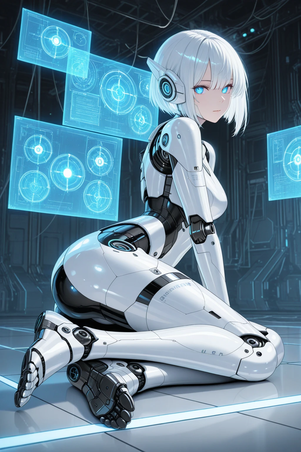 (masterpiece, top quality, best quality, official art, beautiful and aesthetic:1.2), (1girl:1.3), extreme detailed,colorful,highest detailed ((ultra-detailed)), (highly detailed CG illustration), ((an extremely delicate and beautiful)),(from side),cinematic light,1girl,solo,full body,(mechanical vertebra attaching to back),((mechanical cervial attaching to neck)),(sitting),expressionless,(wires and cables attaching to neck:1.2),(wires and cables on head:1.2)(character focus),science fiction, white background,