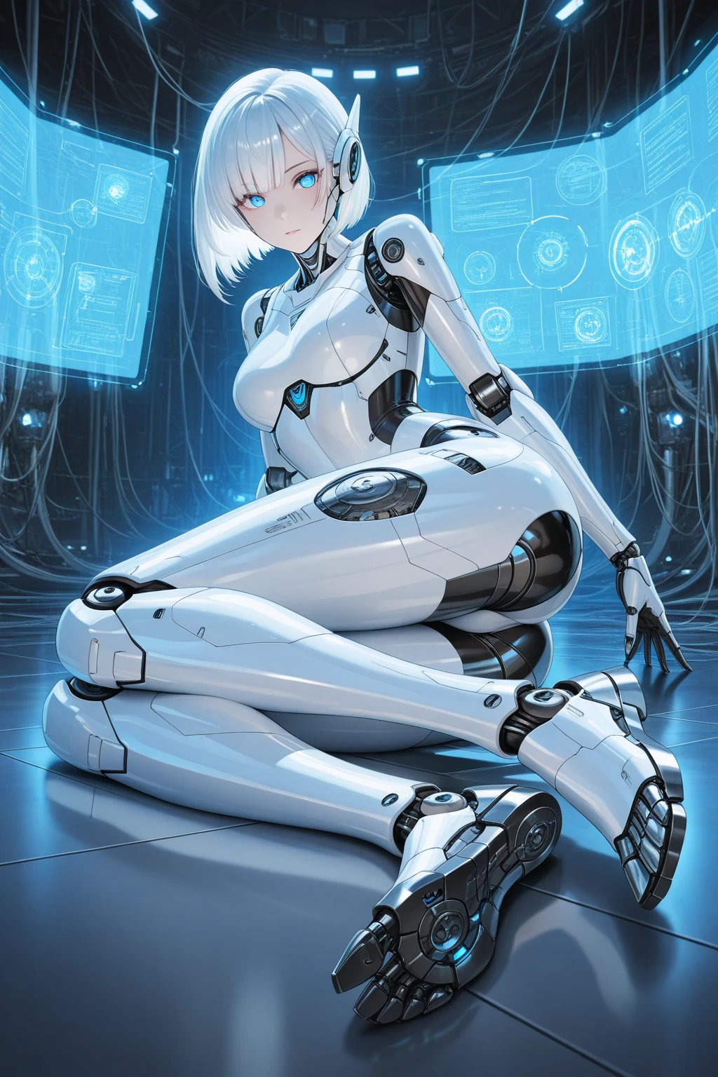 android woman with blue eyes and shoulder-length white hair and body with white robotic parts. lying on the floor of a laboratory and her armor with damaged parts. consistent character