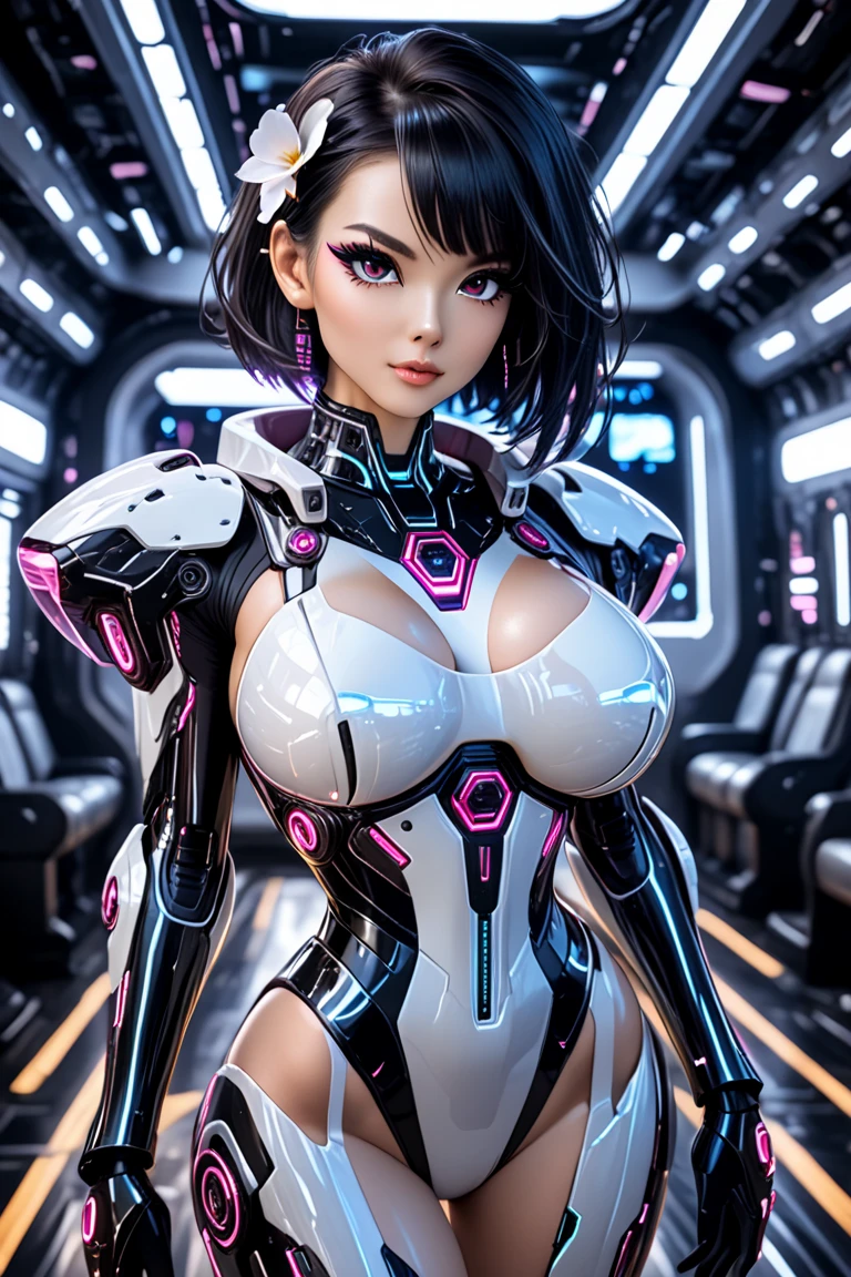 (full bodied)、(Only one person)、(front-view)、(Depiction from below)、(Balanced and beautiful proportions), hig quality, high - resolution, high textured, in 8K, High dynamic range, 1 shot, Layered Haircut、(Dark chestnut hair)、disheveled hair、(Smaller buttocks)、Detailed skin、fine-grained skin、Beautiful 20 year old woman with big breasts, ((cleavage breasts:1.0)), (big eye、Big shining eyes, Unification of Perspectives)、Blushing cheeks, bright red lips、shiny lips, Dark eyeliner, longshot、Naughty Poses、captivating pose、Sexy Poses,mecha musume,Mechanical parts、Composition from below、(Vast cosmic background)、