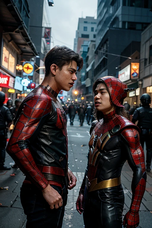 RAW,2people,1girl and 1boy, (A charming 18 year old Chinese girl and boy hugging together: 1.5), (with mask, Spider-Man mask: 2), handsome short haired boy, Spider-Man classic pose, shooting spider silk, masterpiece, super fine photo, best quality, super high resolution, photorealistic photorealism, sunny handsome, full body portrait, delicate face, vibrant eyes, (viewed from the side), she wears futuristic steel woman Spider-Man costume, very detailed background, detailed face, detailed complex busy background, highly detailed skin, realistic skin details, visible pores, sharp focus, volumetric fog, 8k UHD, DSLR, high quality, film grain, photo realism, wheat skin,