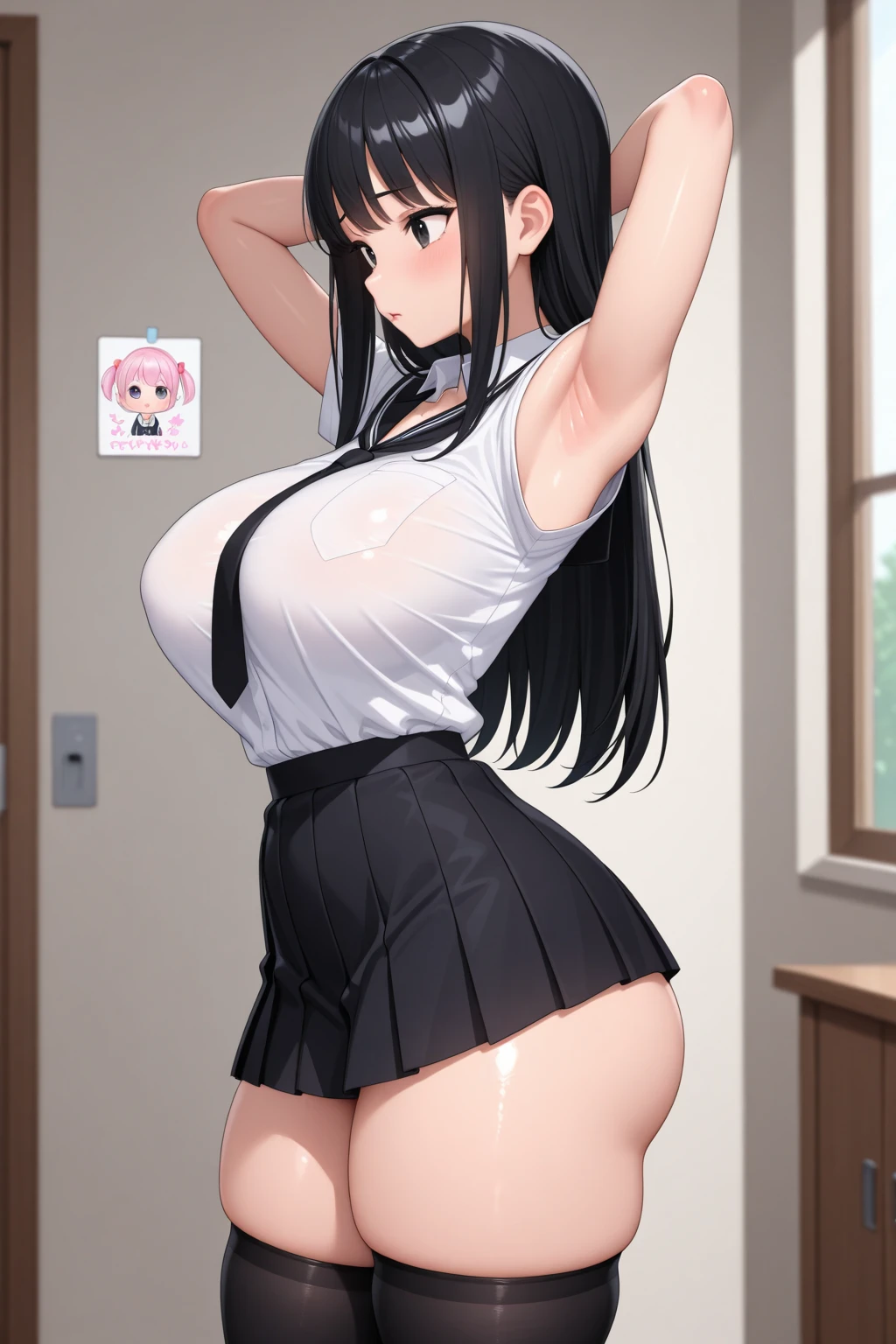 best quality,1girl,((big breasts:1.5)),((((loli,10 years old,,little girl:1.3)))),curvy,orgasm,blush,blue eyes,black hair,long hair,((two side up:1.1)),((white tank top,black skirt,mini skirt,lift skirt,upskirt,white panties,black thighhighs:1.1)),((walking1.3)),see through,classroom,from behind