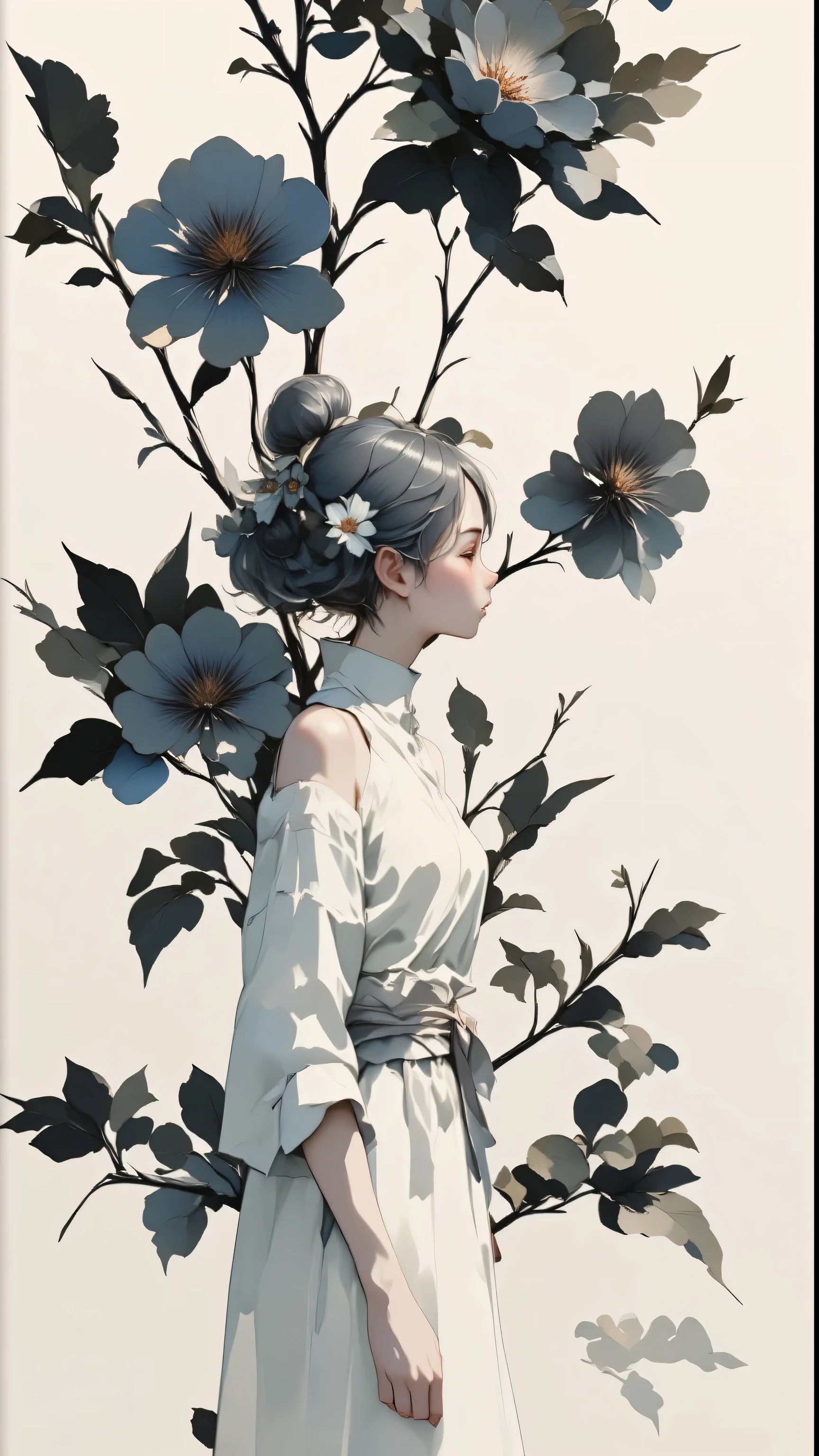 watercolor, watercolor, watercolor風, watercolorの詳細なアート, watercolor digital painting, watercolor paint、break、((( Beautiful Women、very cute girl)))、Floral arrangement、Wabi-sabi art、white、gray、black tone 、Parchment、抽象的Floral arrangement、Three big flowers、 Dreamy Art 、silence、 wallpaper、 best quality、masterpiece、 high definition 、８ｋ