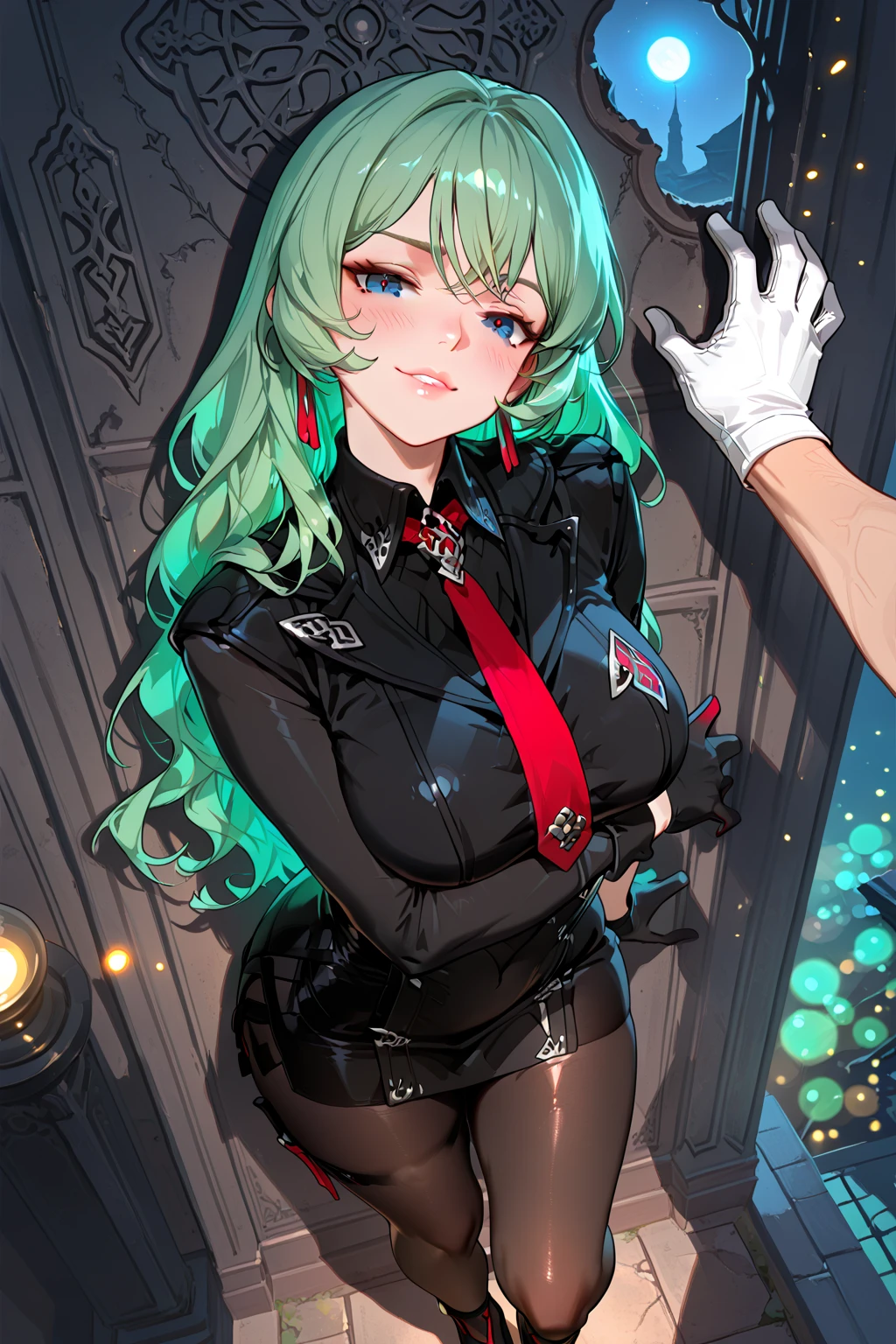 black nurse, 1woman, solo, black nurse cap, black nurse uniform, ((black legwear, zettai ryouiki)), black elbow gloves, forehead, long hair, green hair, pink eyes, ((black surgical mask, covered nose)), standing, ((surgery room)), sharp outline, short sleeves, mature female, 35 years old, best quality, masterpiece