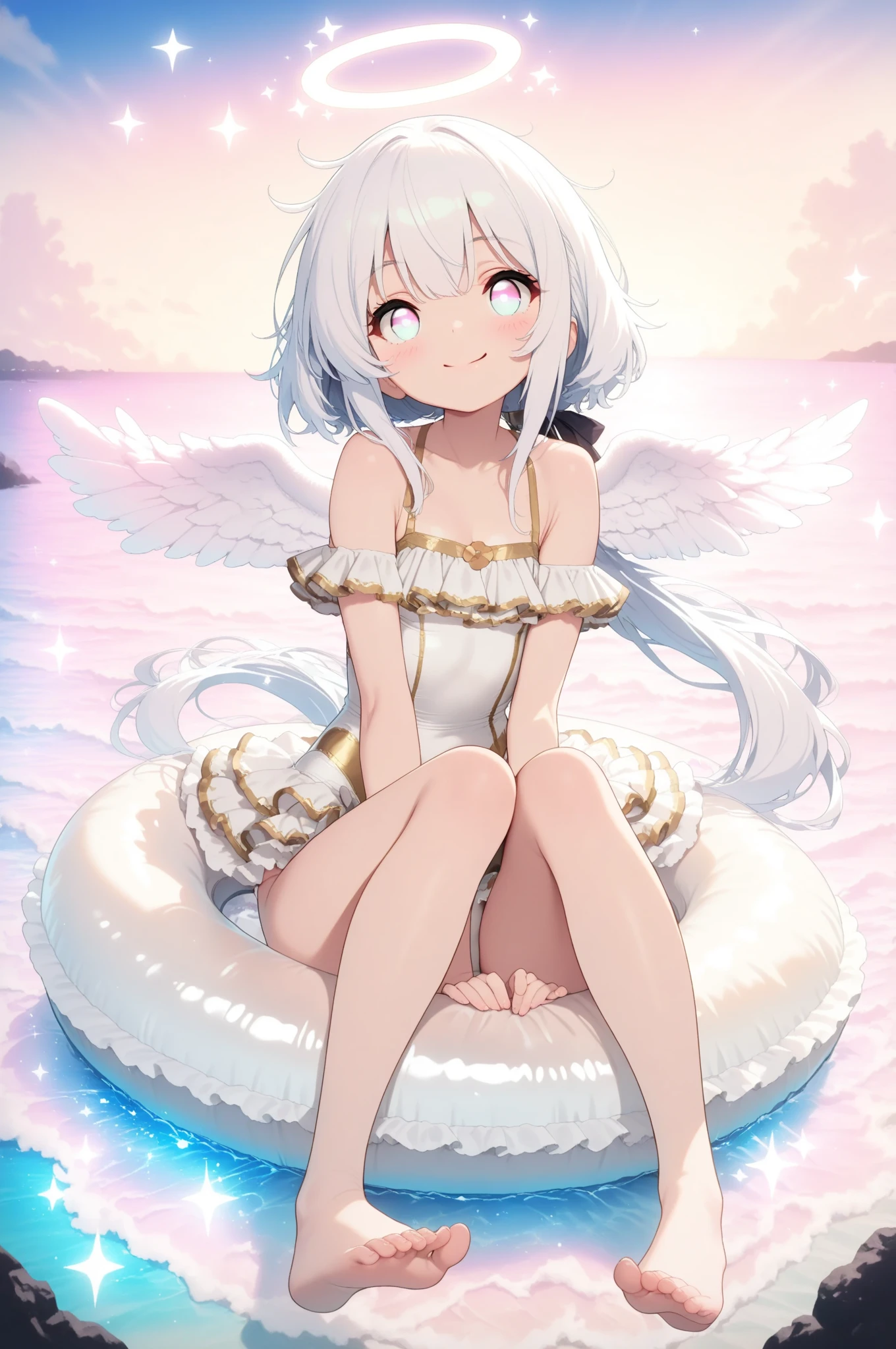 Anime girl with angel wings sitting on a swim ring in water,Lilia, At the Beach, Swimwear, Full Body Commission, is wearing a Swimwear, At the Beach, top rated on Pixiv, Summer Goddess, at Pixiv, I also make fan art, Pixiv, Anime Goddess, High resolution consignment, Swimwear, At the Beach, oc commission