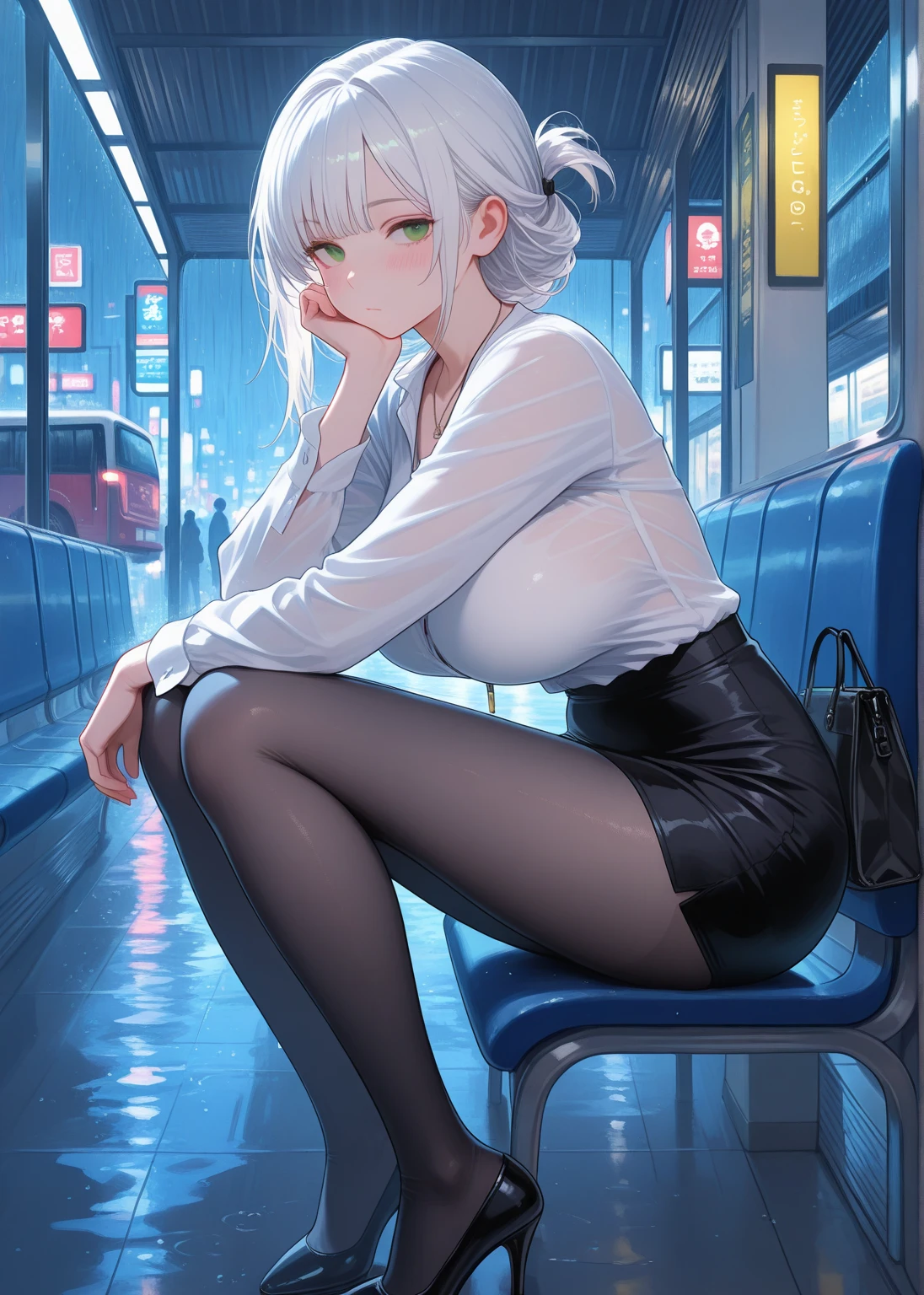 full-body portraits, photograph realistic, A beautiful Chinese woman, Adult video actress, In very crowded train cars, The whole body is soaked with sweat, slim toned body, Height 1.6m, perfect female shape, 34C breasts, Naked of breast, Slim waistline, Elongated legs, 28-inch hips, Wheat-colored skin, Full forehead, Slender eyebrows, Wear red and black erotic underwear, Suspender stockings, Wear platform stiletto heels, tempting pose, silver hair, streaked hair, bangs, straight hair, messy hair, hair slicked back, jewelry, longeyelashes, earrings, makeup, shaded, expressionless, red lips, short hair, cinematic lighting, three sided view, masterpiece, ccurate, textured skin, super detail, best quality, 8k