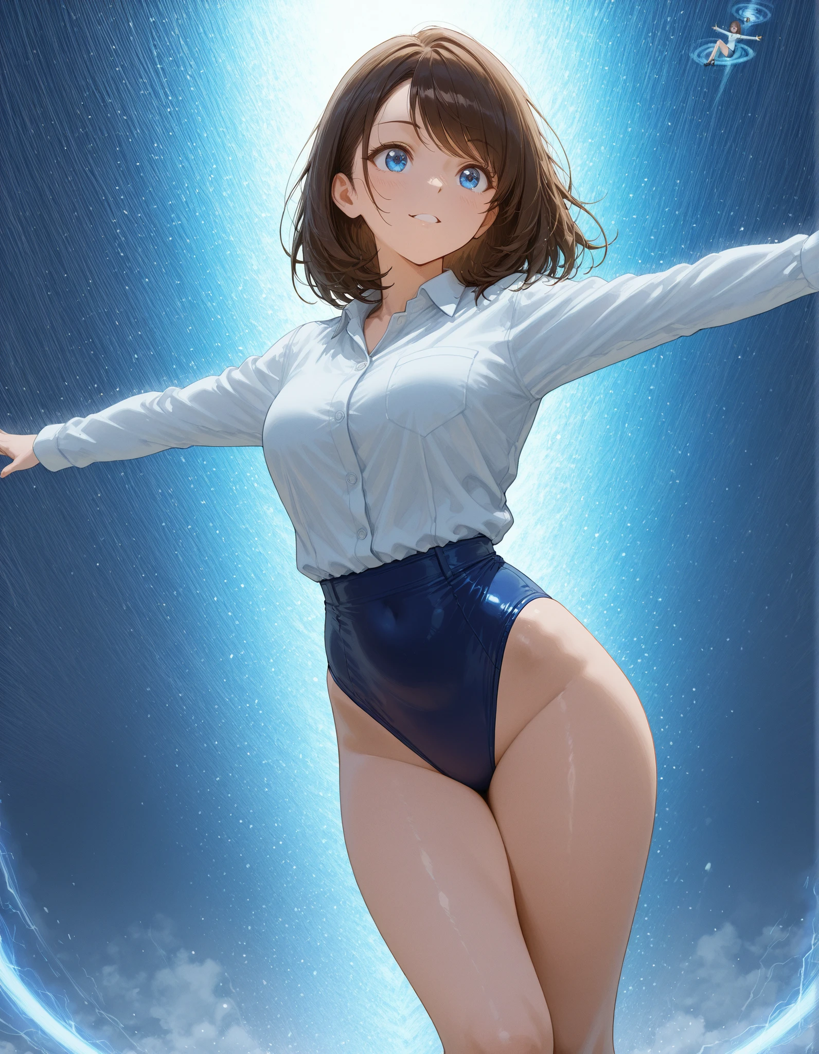 Smooth anime CG art、Focus Only、1 girl、Front view、nude、naked、(((Small breasts)))、(((brown eyes)))、(((sweat)))、Semi-short hair、(((Sweaty)))、Watery eye、blush、(((Embarrassed look)))、((Open your mouth))、(((standing)))、(((simple background)))、spread your legs、(fullbody shot)、(((electricity:1.4)))、(((eyepatch bikini)))、(((white bikini)))