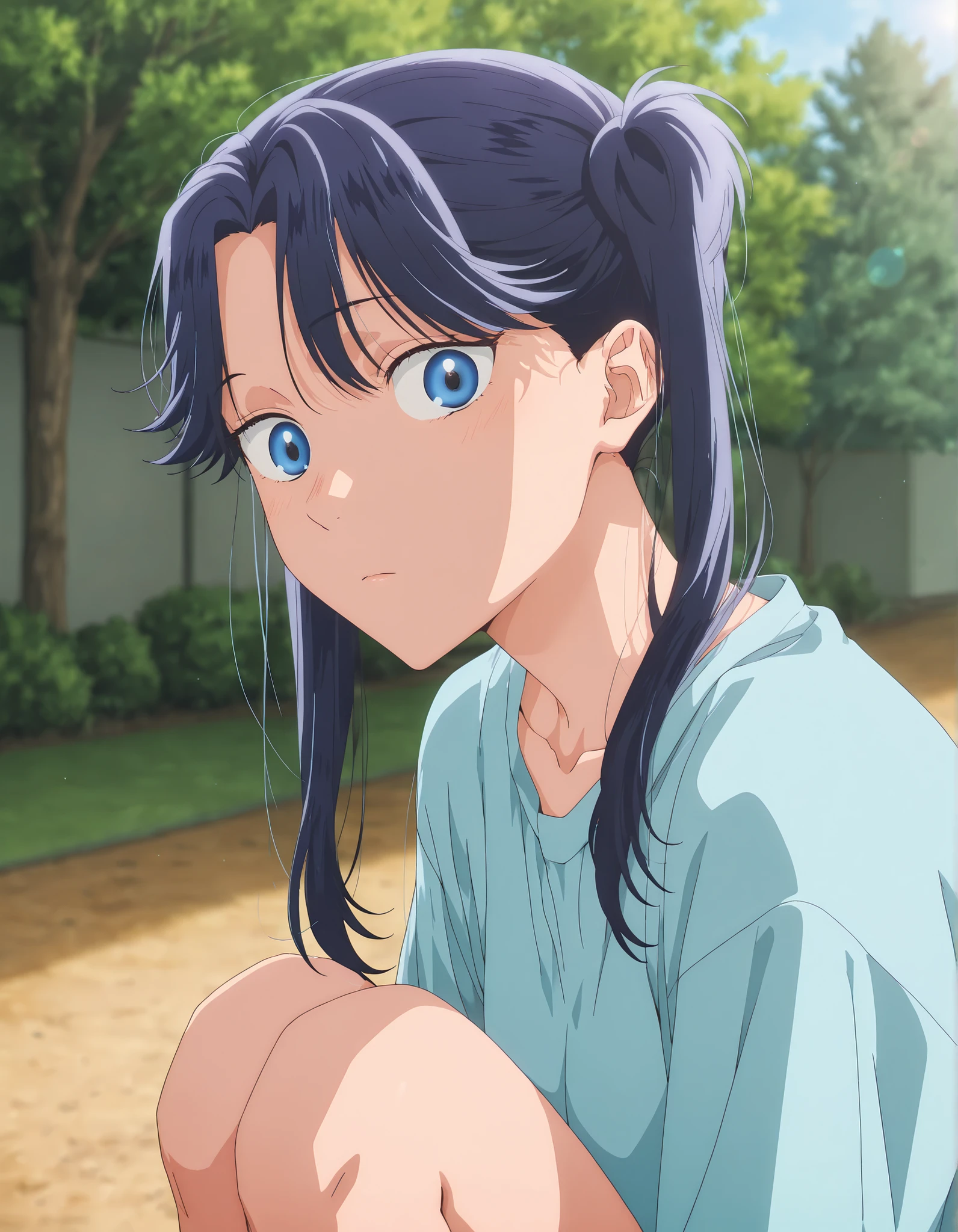 masterpiece, , absurdres, highres, detailed background, high resolution, masterpiece, necessary, detail, best quality, quality, necessary, details, High details, Precise, outdoor, (dappled sunlight ,day ,lens flare ,blurry background,), , sidelight, ,from side, tree , , , 
                                                                                                                                                                                                                                                                                                                                                                                                                                                  
detailed, anime screencap , anime coloring , official style , sitting, ,knees to ,  ,

Break, girl , , <lora:Amaye_Moriya-20:0.8>Ayame, solo, blue eyes, side ponytail, blue hair, , collarbone, , , small , looking at viewer, ,