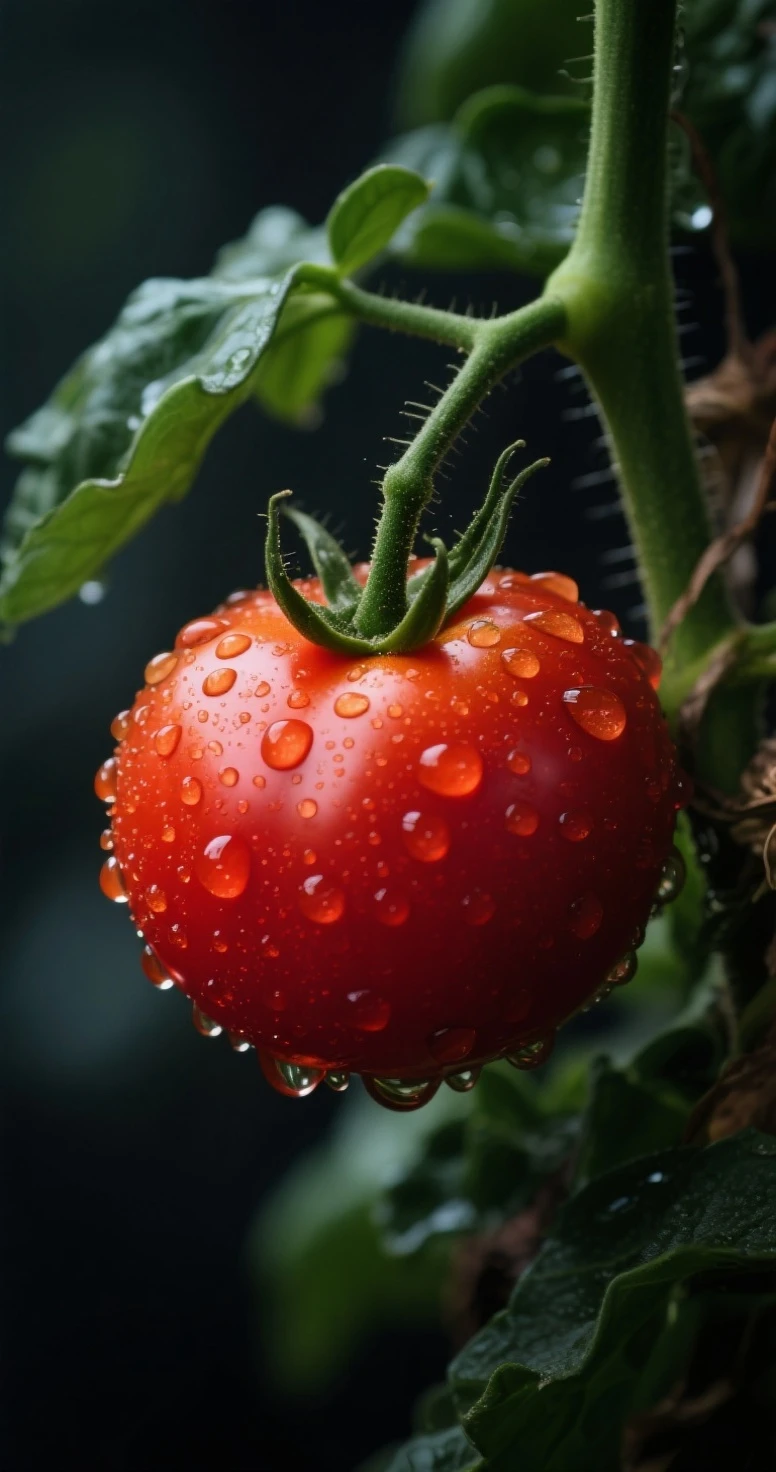 a close-up shot of a ripe tomato, showcasing its vibrant red color, glossy skin, and the tiny droplets of water on its surface