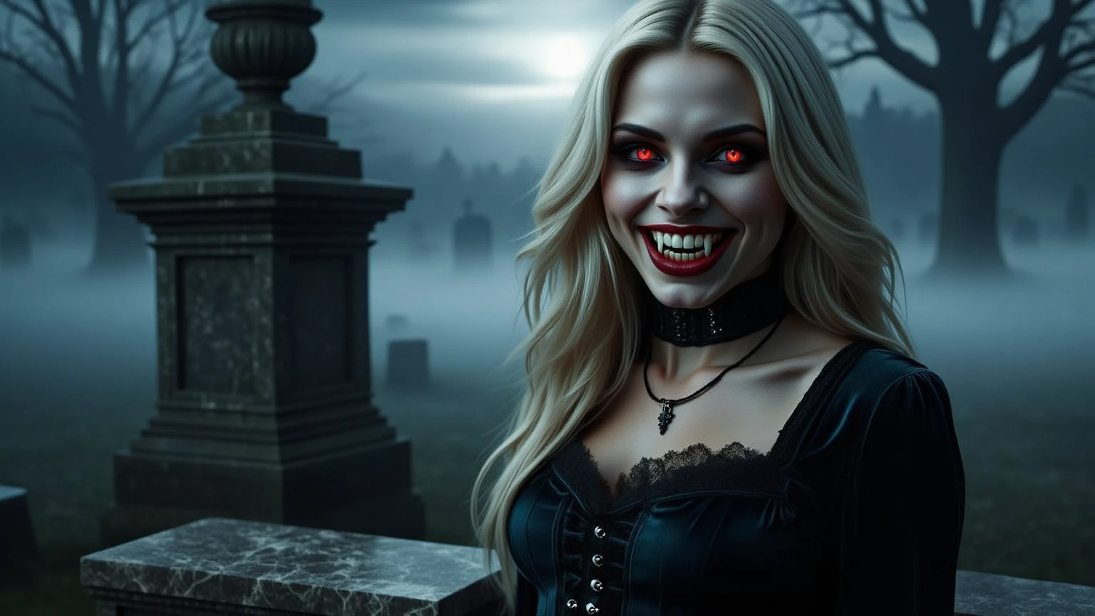 "(close up potrait), Dark fantasy, gothic style, vampire queen, wearing a gothic-style dress, with a bloodthirsty smile and blood on the face, body, and a blood moon in the background. The scene is set in a gothic castle with lots of bats, emphasizing the pale skin and glowing eyes."