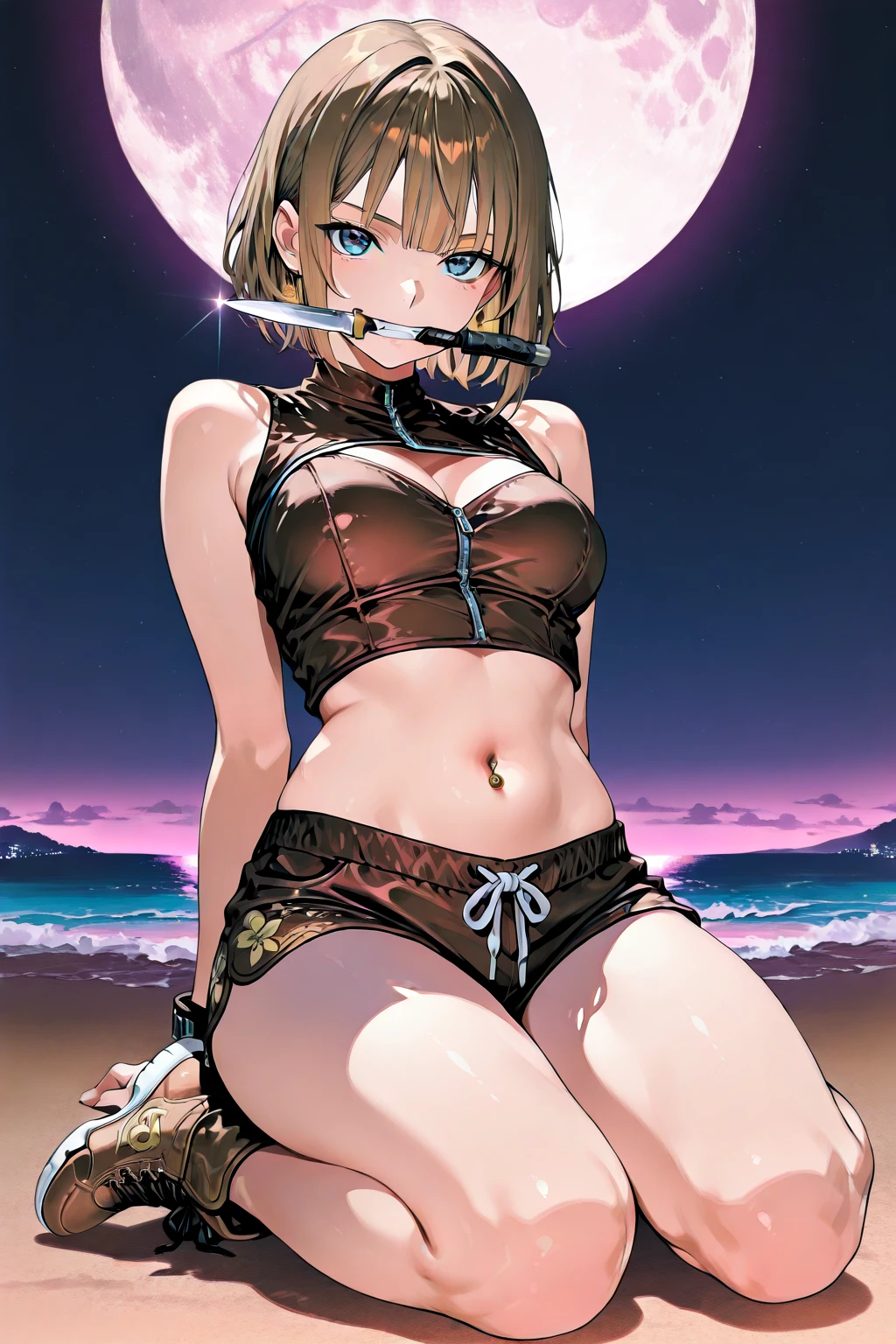 (masterpiece:1.5),(best quality:1.5),(high resolution:1.5),(8k:1,5),(perfect face:1.5),(beautiful detailed eyes:1.5),(Cowboy Shot:1.5) ,(extremely detailed face:1.5),(perfect lighting:1.5),(extremely detailed CG:1.5), (perfect hands:1.5),(perfect anatomy:1.5),,(perfect body:1.5),(perfect hands:1.5),(perfect fingers:1.5),(full body:1.5),,(1woman:1.3),(megami magazine:1.3),pale skin,(fighter:1.5),(light blonde braid hair bun:1.3),clear face,(golden eyes:1.5),(medium breasts:1.3),(medium ass:1.3),(large amount:1.2),(white tight Microbikini:1.5),(black ladies jacket:1.3)(jacket lining red:1.5),(hair black ribbon:1.3),(short shorts:1.3), standing,(Night sea:1.3),(sexy look:1.5),(looking at viewer:1.3),(bikini see through:1.2),(cameltoe:1.2),( erect nipples:1.2),nsfw,