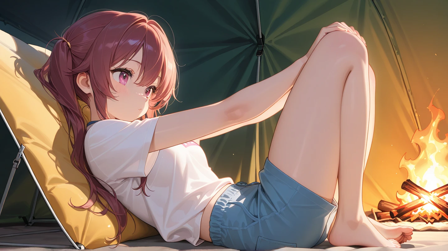 highest possible resolution,best quality,masterpiece,(detailed face),1 girl,solo,(woman),wide shot,embarrassed, ahoge, bangs, bare_legs, bare_shoulders, barefoot,long hair,looking at viewer,red hair,red eyes, heart-shaped pupils,<lora:eris_v6:1>