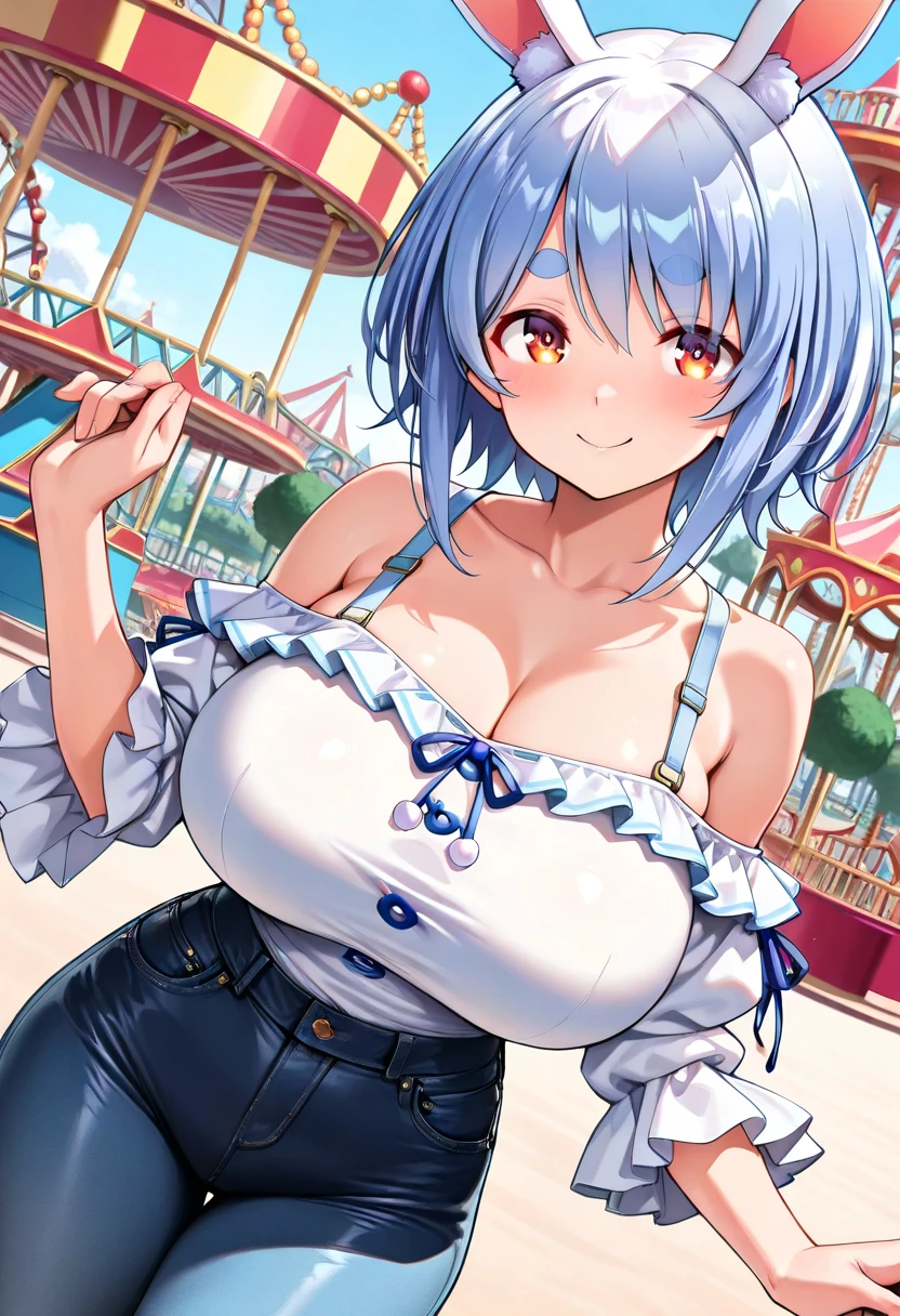 Masterpiece, best quality, high quality, very detailed CG uniform 8k wallpaper, 1girl, solo, blue hair, tattoo, short hair, hat, jewelry, smile, necklace, looking at the audience, hat, realistic, open mouth, teeth, upper body, vest, nose, bare shoulders, artist name, black tiara, collarbone, arm tattoo, blue eyes, lips, blur, oil painting, award winning photography, bokeh, depth of field, HDR, bloom, chromatic aberration, realism, very detailed, artstation Intricate, High Detail, dramatic, art by midjourney, huge breasts