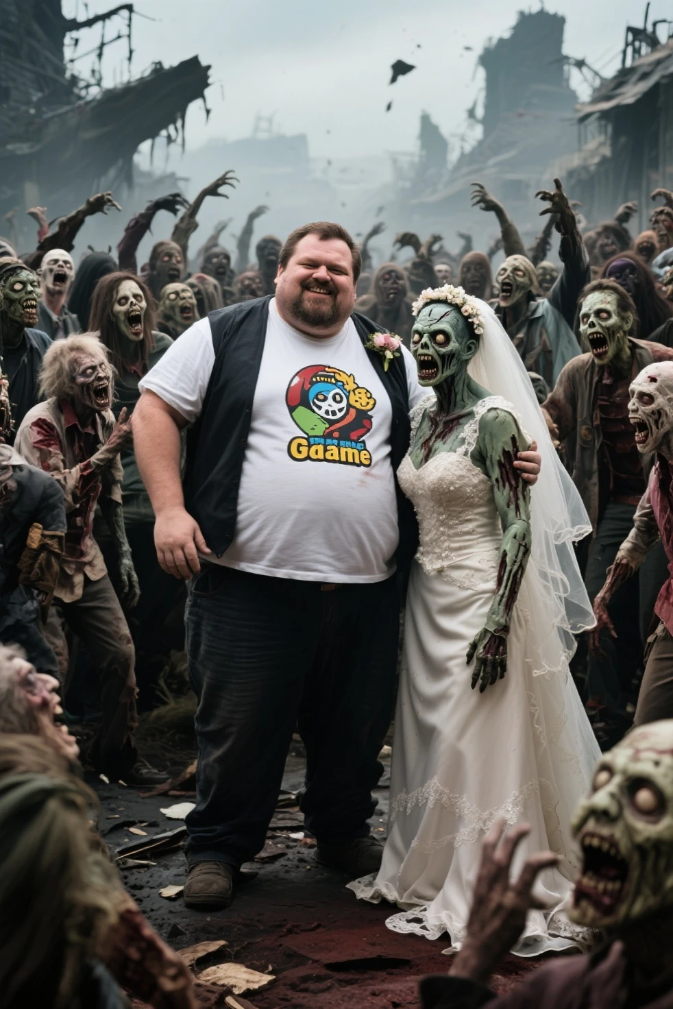 ((best quality)), ((masterpiece)), (detailed), (zombie:1.2), sexy undead in a tight shortest skirt, sheer tshirt and panties are visible, large breast, zombie armageddon, ruined city