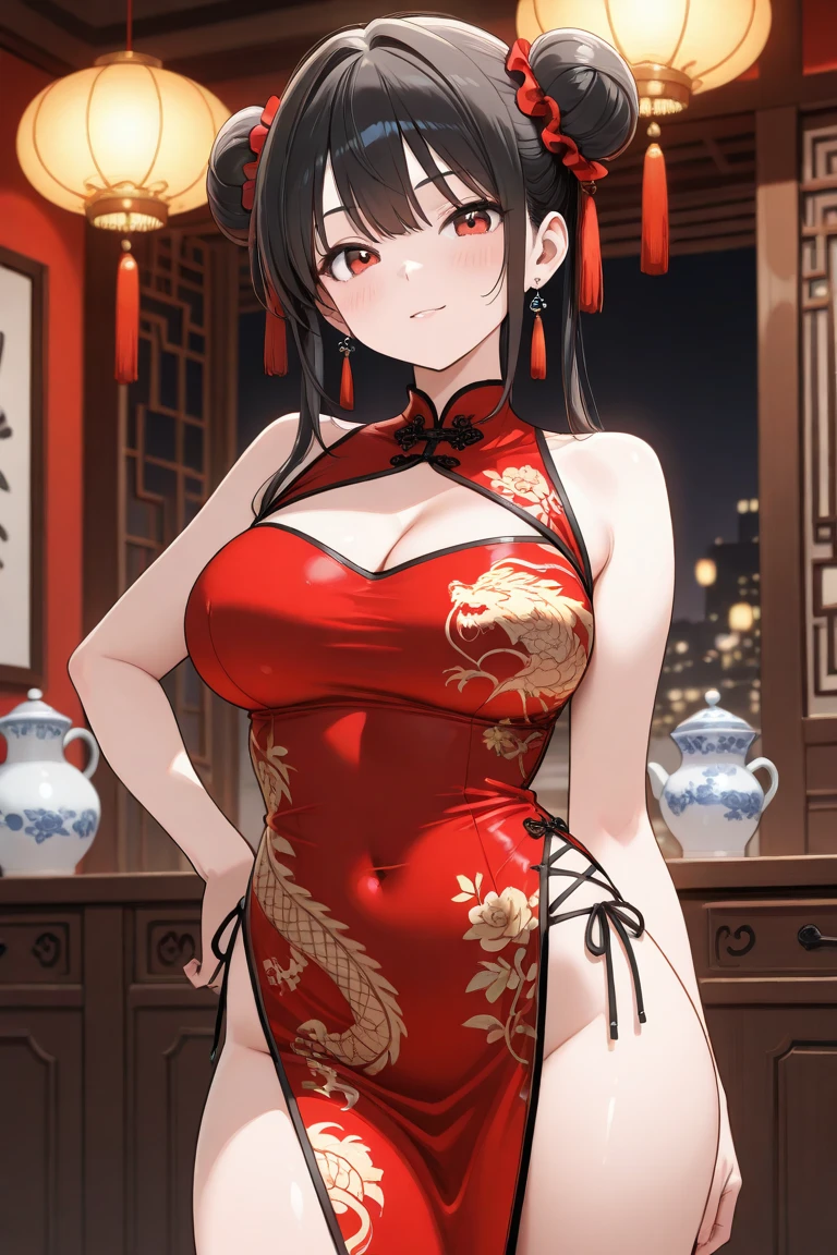 a beautiful woman,Standard red silk cheongsam,Hair tied into a bun,short black hair,Large Breasts,Sexy,Slim body,Holding a Chinese long sword,long sword waving, (gold embroidery thread), (Such),cleavage, City,Outdoor Chinese restaurant,Smile,lipstick