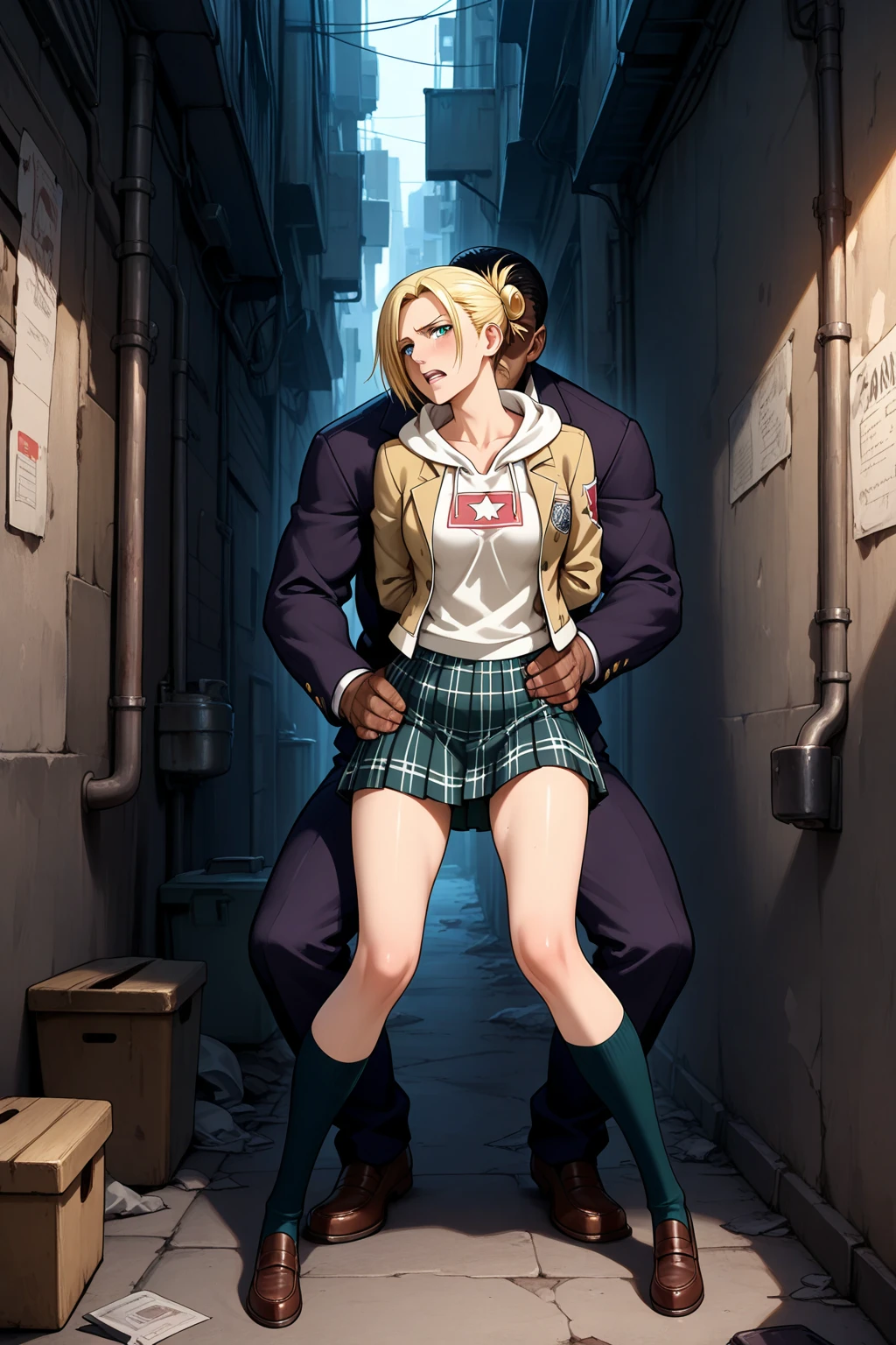 masterpiece, best quality,anime style, 1 girl,(((slender body))), (((small breast))),(((hot pants, blue tanktop,red tie))),(((((a gorilla man grabbing the girl))))), ((((restrained, arms behind back)))),((((cum)))), (beautiful face), (((short hair))), (((straight hair))), ((((blonde hair)))),detailed beautiful skin, (perfect hands, perfect ???????)