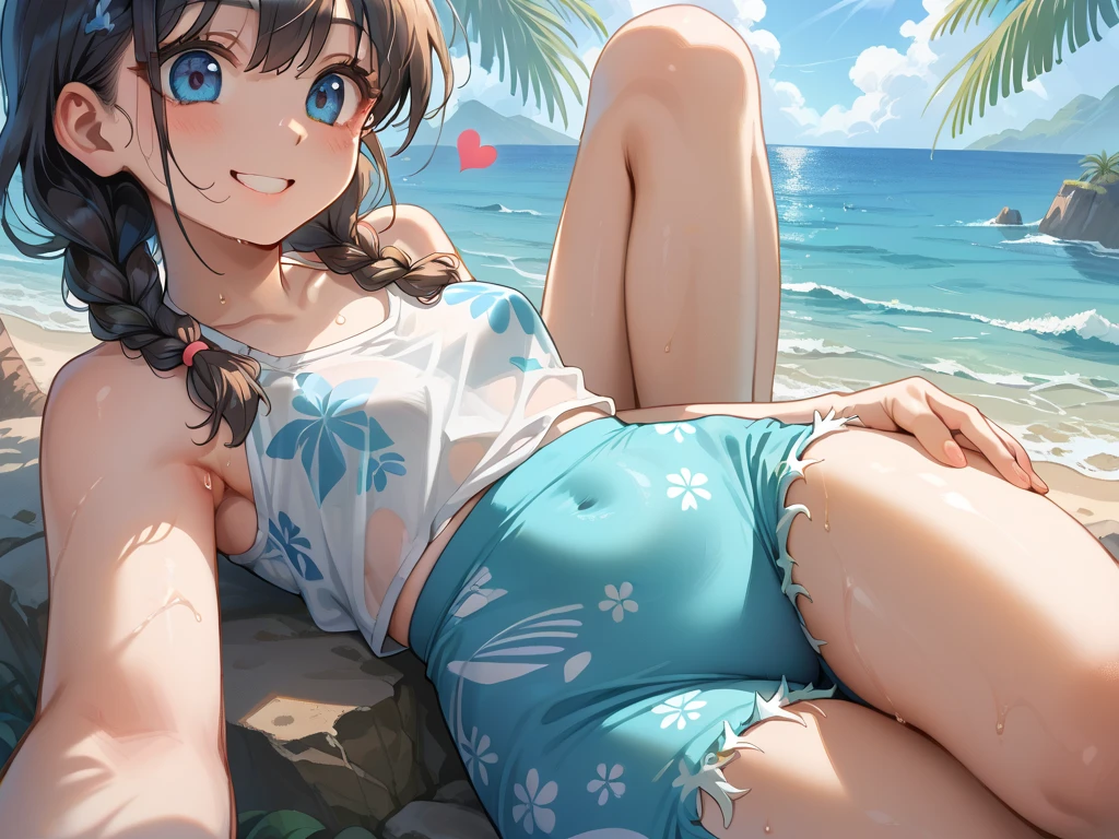 (8K、Highest quality、Highest quality、masterpiece)、Detailed face、One Girl、(Brown Skin:1.2)、Long Hair、Blue eyes、angry、(Bikini top Only、BikiniTop、Bikini Top、(((Denim hot shorts)))、micro shorts、mini shorts、micro_shorts、mini_shorts、Open Shorts、Unziped shorts、Mini Shorts、No Panties、NoPanties、Sexy、wedgie、Spread vagina under shorts)、(((vulva view)))、Beach、cloud、(((pussy peek)))、(((clitoris slip)))、Big Breasts、
