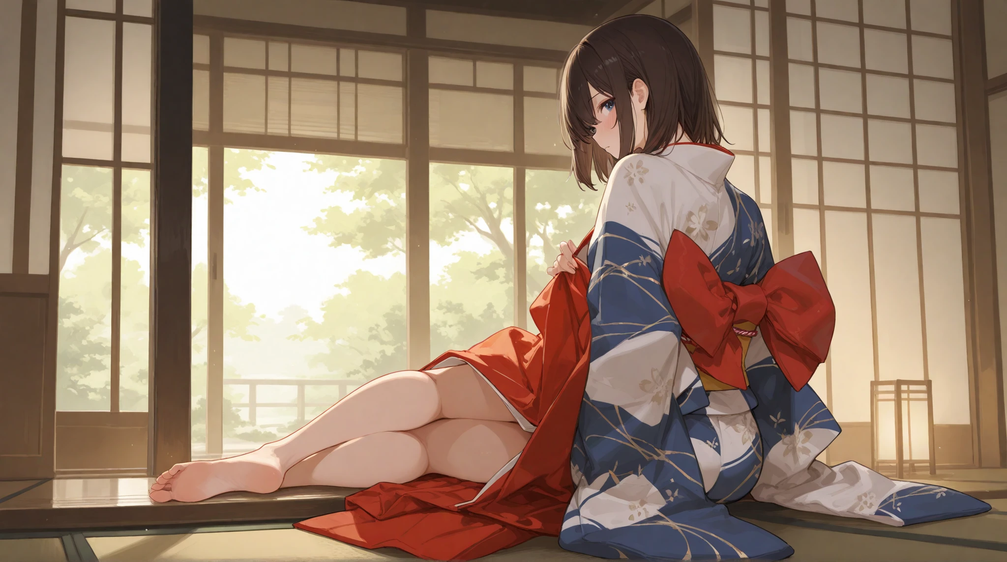 anime girl sitting on a bed in a room with a window, Gwaiz, Painted in an anime artist&#39;s studio, artwork in the style of Gwaiz, Created by Anime Painter Studio, Gwaiz on pixiv artstation, Gwaiz on artstation pixiv, Zerochan Art, Anime Style 4k, Gwaiz masterpiece, A 17-year-old Japanese girl in a kimono with vibrant hair colors, long hair, daring hair styling, slender figure, plump cheeks. She embodies the punk rock aesthetic, dressed like a punk rocker with bold attire, large sunglasses, a defiant expression. She stands at 170 centimeters tall, weighs 30 kilograms, wears long boots, with her thighs visible under a red pleated skirt. Adorned with numerous silver accessories. Depict with distinct outlines, using colors other than black for the outlines, using colorful hues for the outlines. She's into girls' rock, punk, Electric guitar, vibrant colors, stages, and backed by a band. An underground clubhouse with colorful lighting amidst the darkness. Colorful candies resembling mountains of treats are plentiful, strewn all around. A tall, well-built man with blonde hair is present, adorned with tattoos, a nose piercing, and a split tongue.