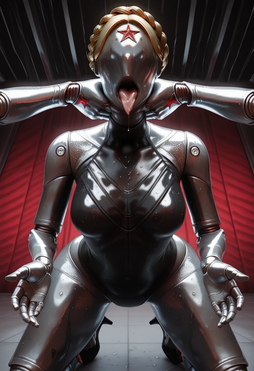 A black plastic robot. Highly glossy. Female form. in the style of H.R. Giger. Sitting in a high tech chair with cables connected. Covered in clear slime. Legs are wide open. Face is a smooth featureless orb