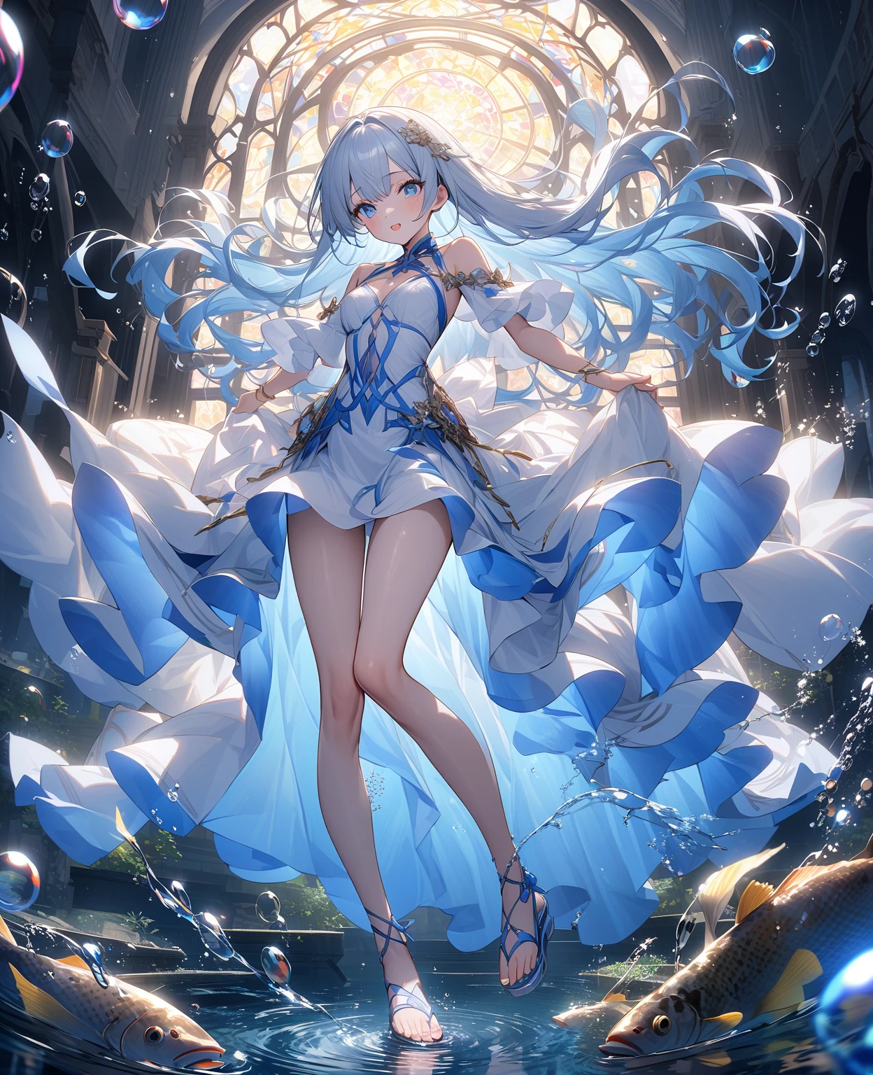 a beautiful girl with blue eyes and hair, creating and levitating a water sphere above her hand, wearing a blue dress, tights and high heels, (best quality,4k,8k,highres,masterpiece:1.2),ultra-detailed,(realistic,photorealistic,photo-realistic:1.37),intricate details,dramatic lighting,cinematic,fantasy,magical realism,hyper detailed,vibrant colors,ethereal,elegant,graceful,whimsical,flowing water,water manipulation,levitation,blue dress,blue eyes,blue hair,high heels,tights